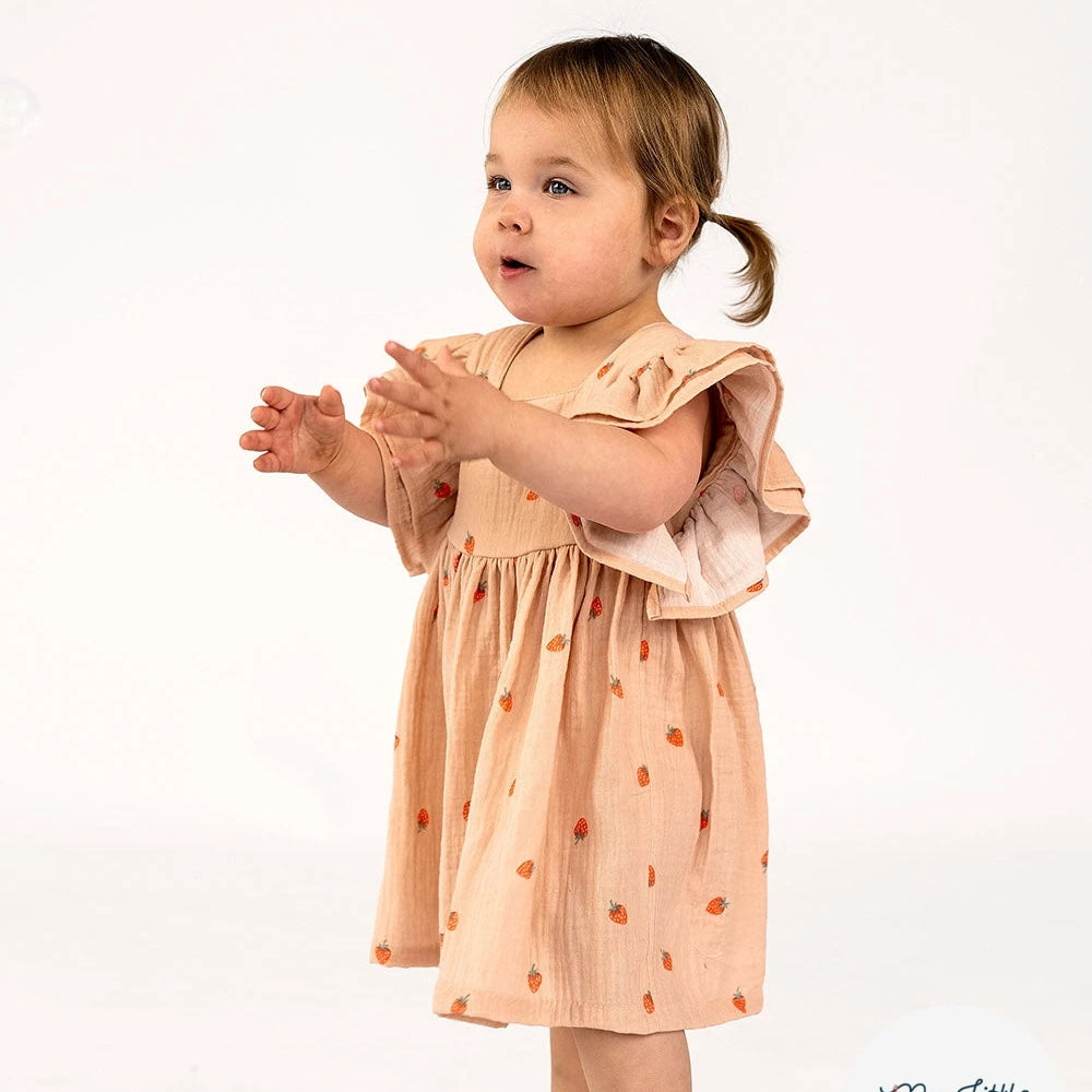 DOUBLE GAZE DE COTON FRAISES VIEUX ROSE - My Little Coupon
