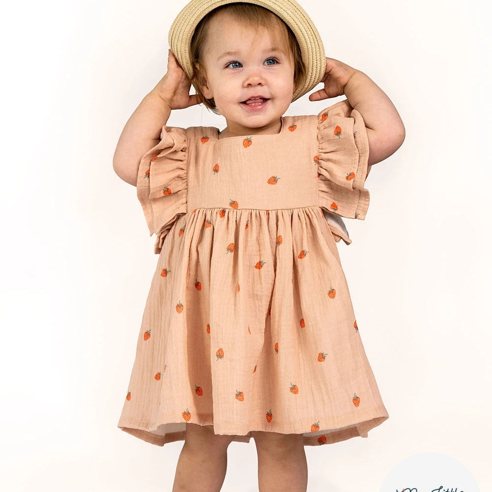 DOUBLE GAZE DE COTON FRAISES VIEUX ROSE - My Little Coupon