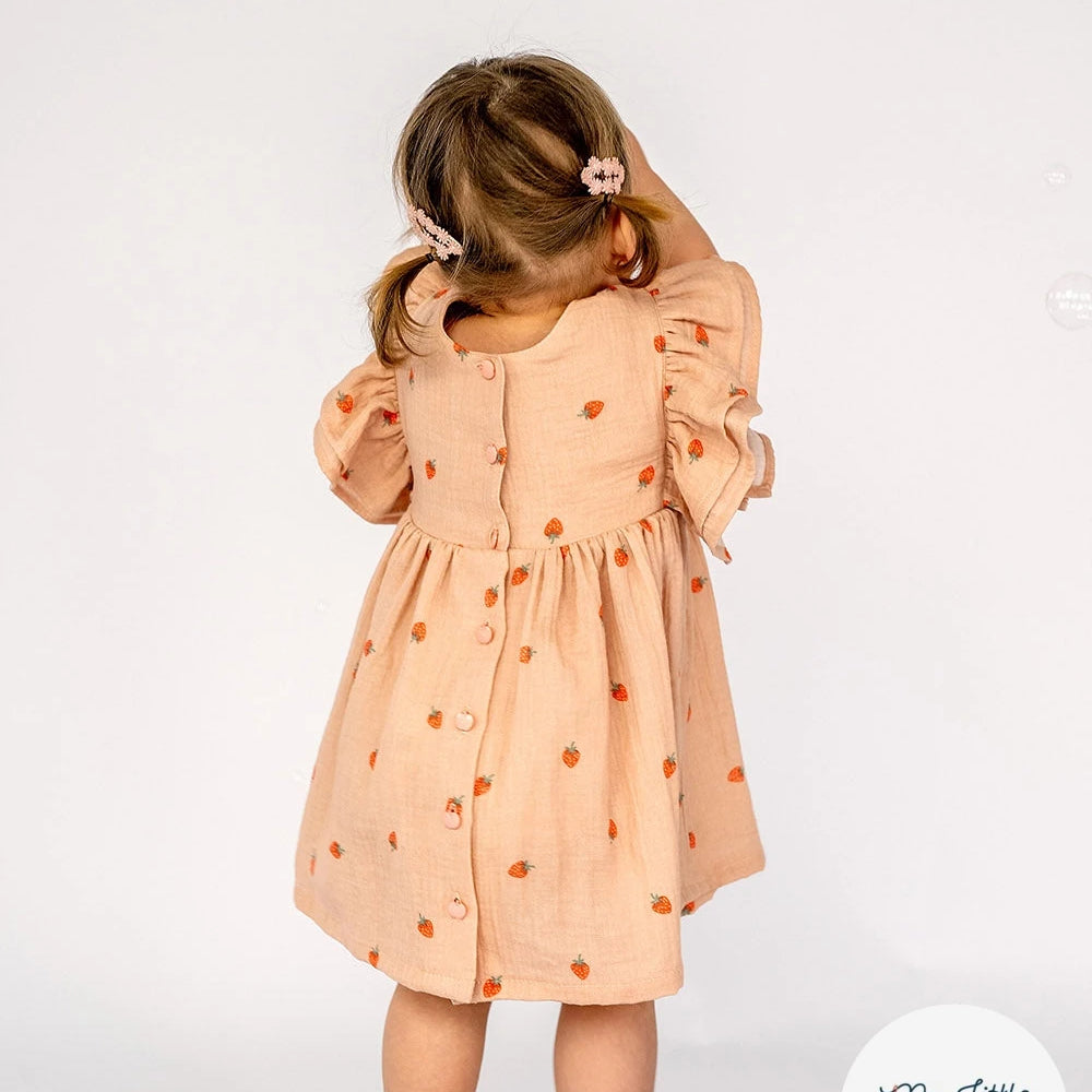 DOUBLE GAZE DE COTON FRAISES VIEUX ROSE - My Little Coupon