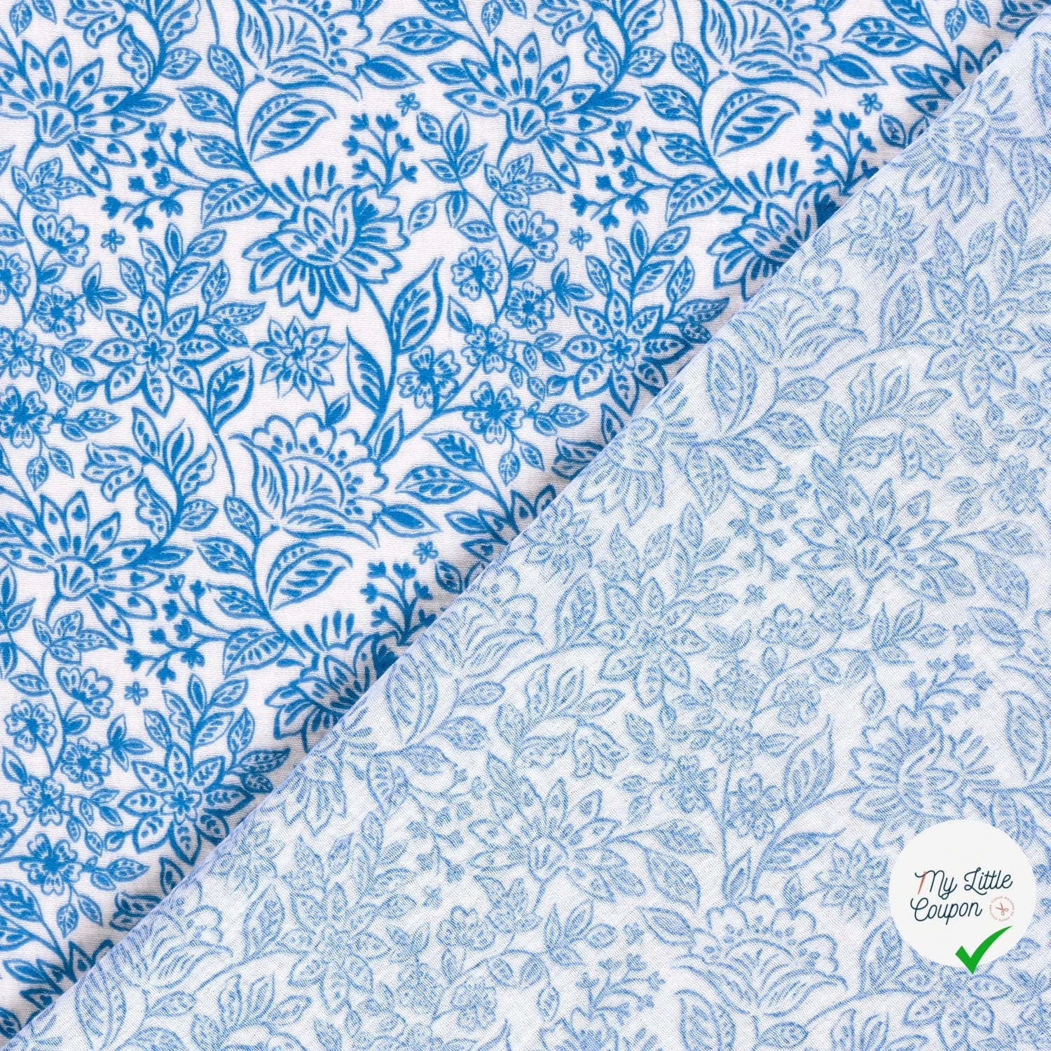 DOUBLE GAZE TISSU IMPRIMÉ FLEURS INDIGO - My Little Coupon