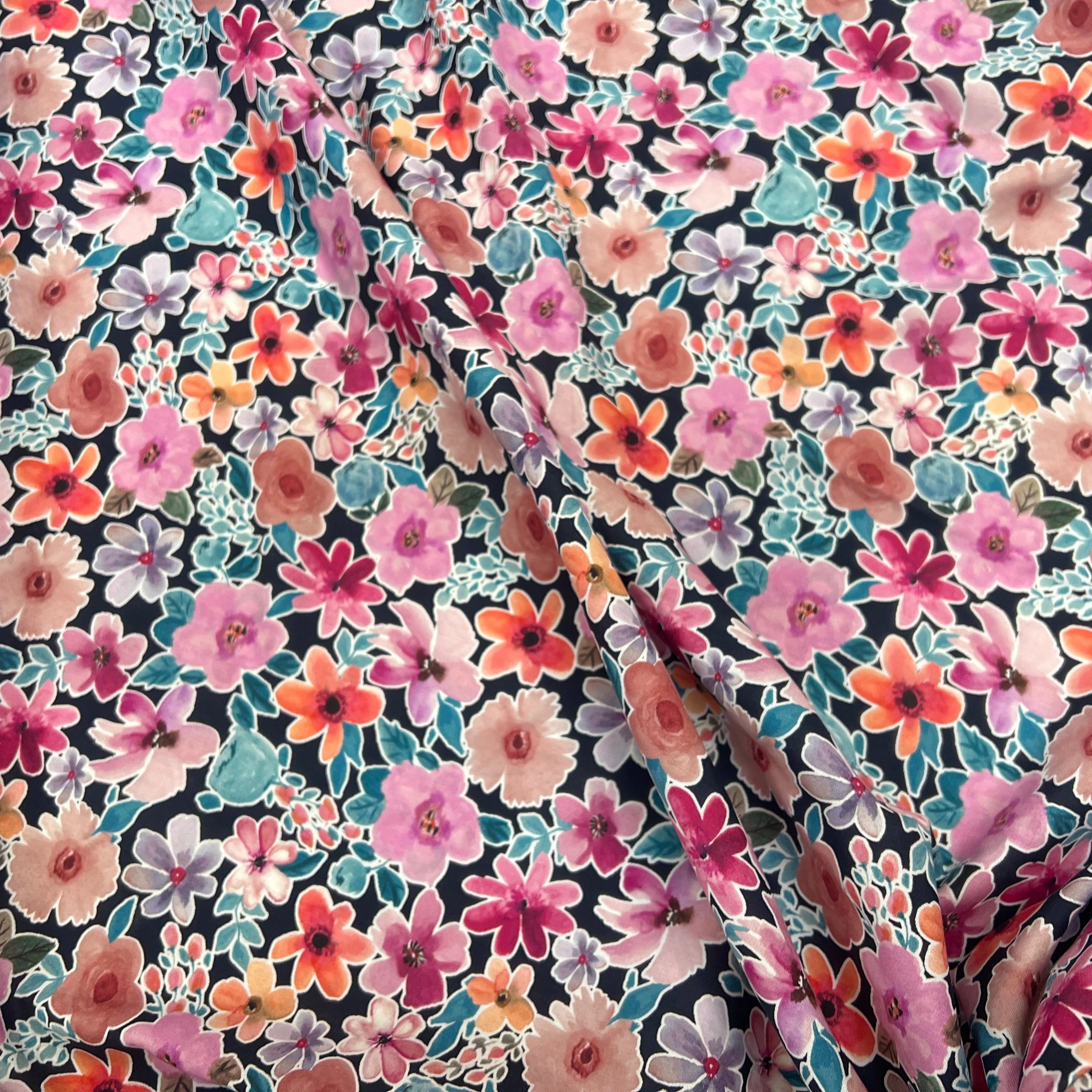 FINE POPLIN DIGITAL FLOWERS – NAVY - My Little Coupon