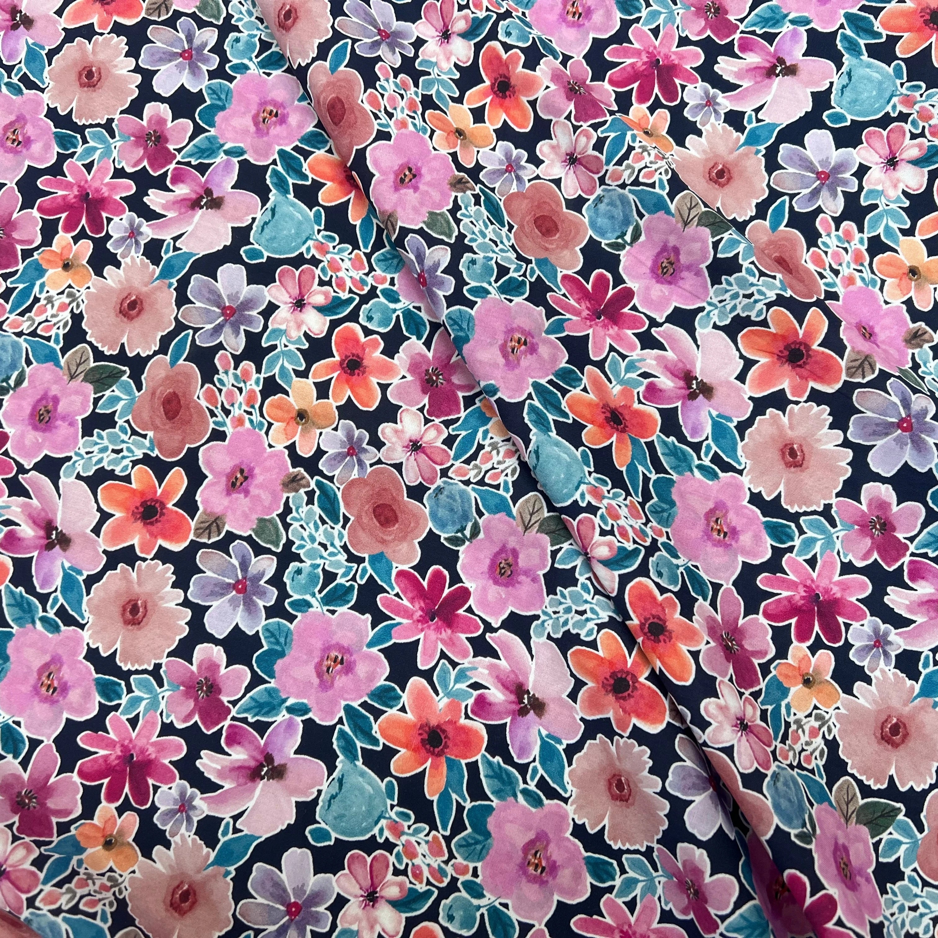 FINE POPLIN DIGITAL FLOWERS – NAVY - My Little Coupon