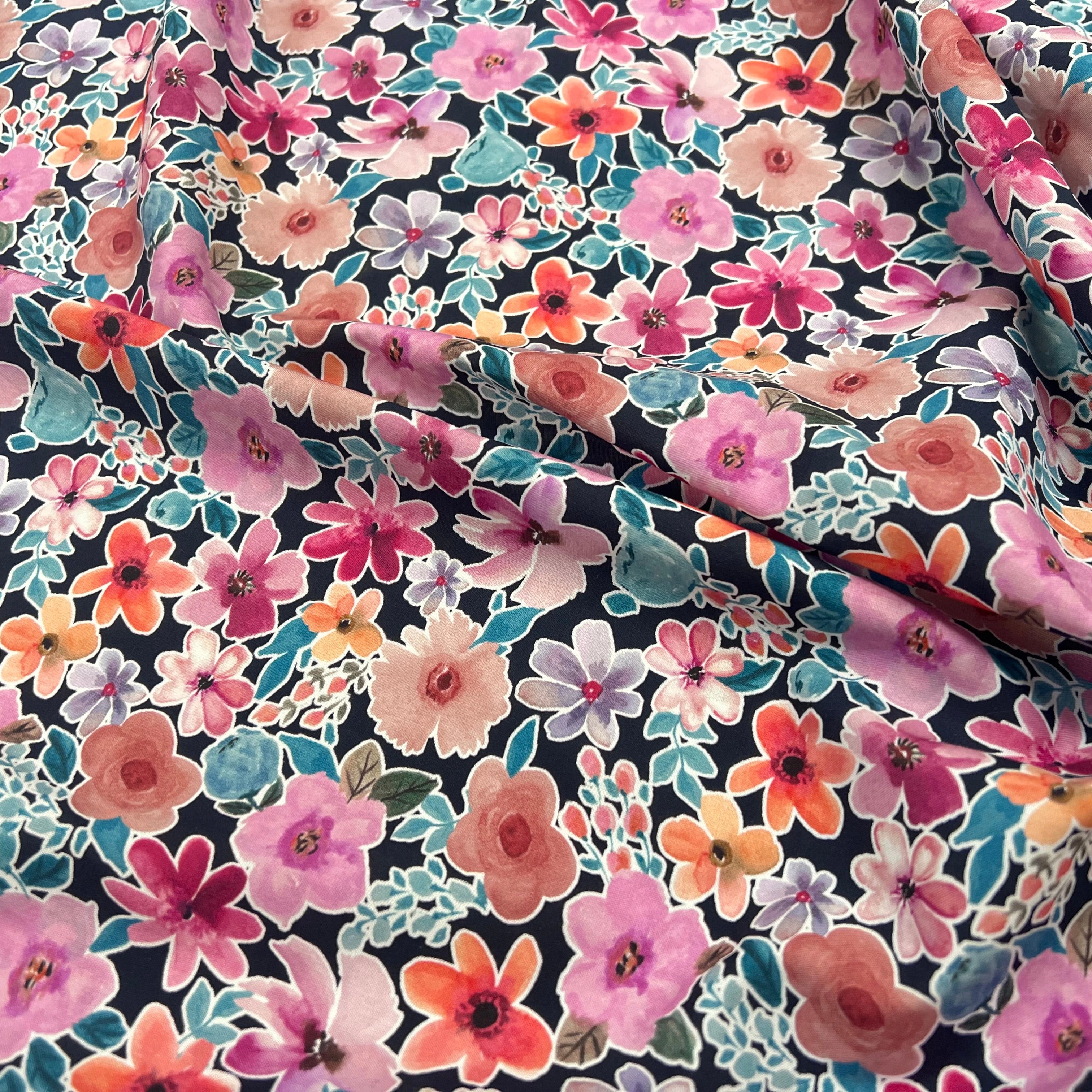 FINE POPLIN DIGITAL FLOWERS – NAVY - My Little Coupon