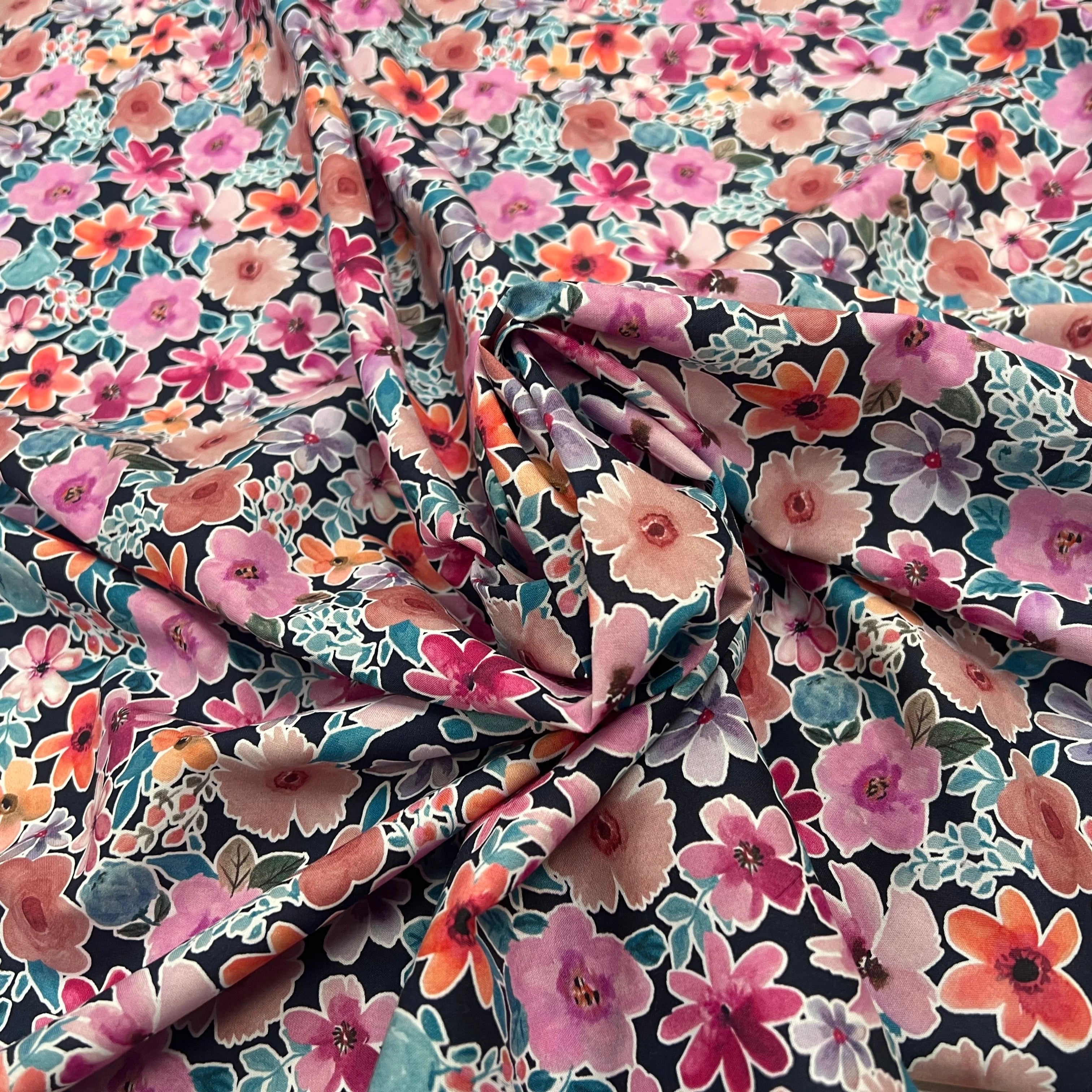 FINE POPLIN DIGITAL FLOWERS – NAVY - My Little Coupon