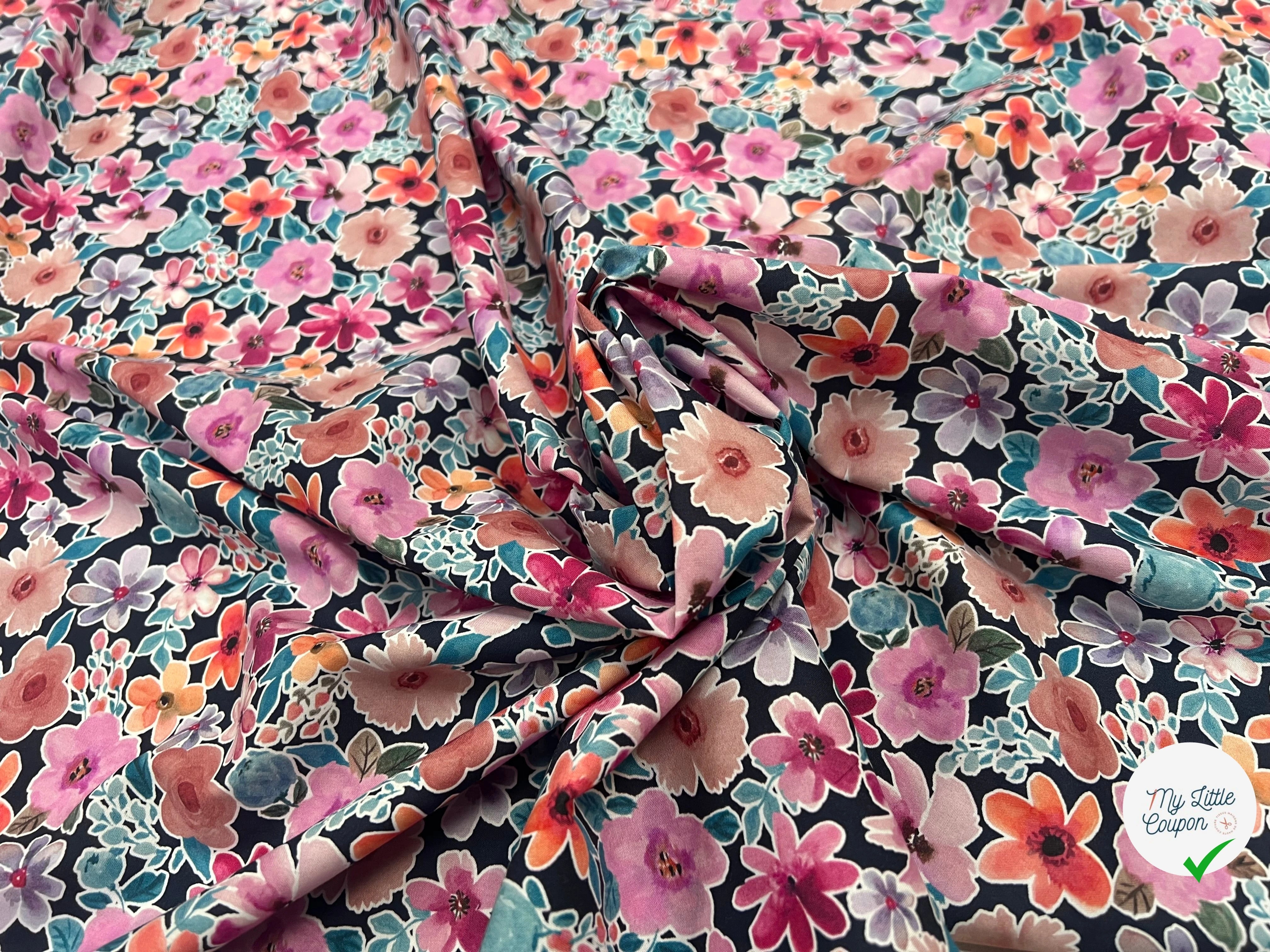 FINE POPLIN DIGITAL FLOWERS – NAVY - My Little Coupon