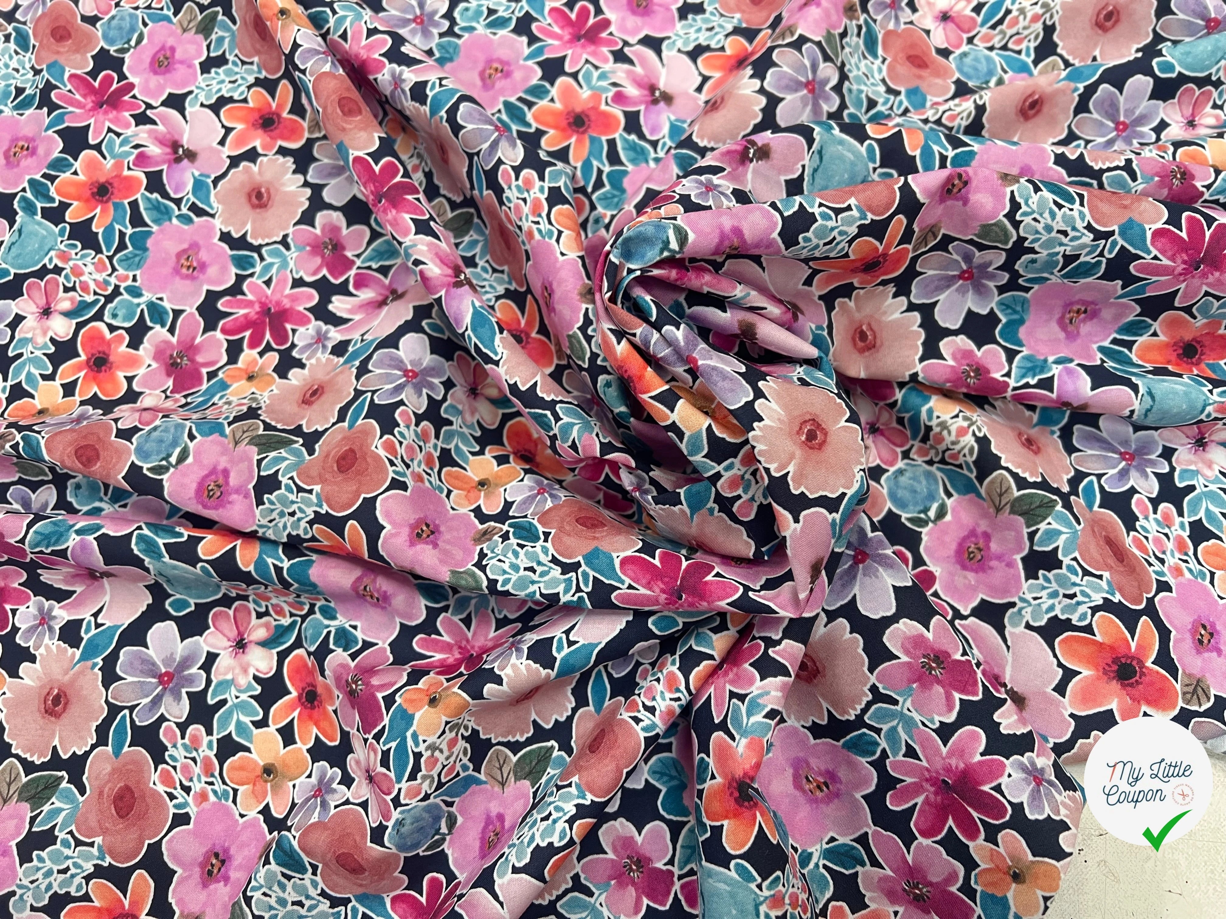 FINE POPLIN DIGITAL FLOWERS – NAVY - My Little Coupon