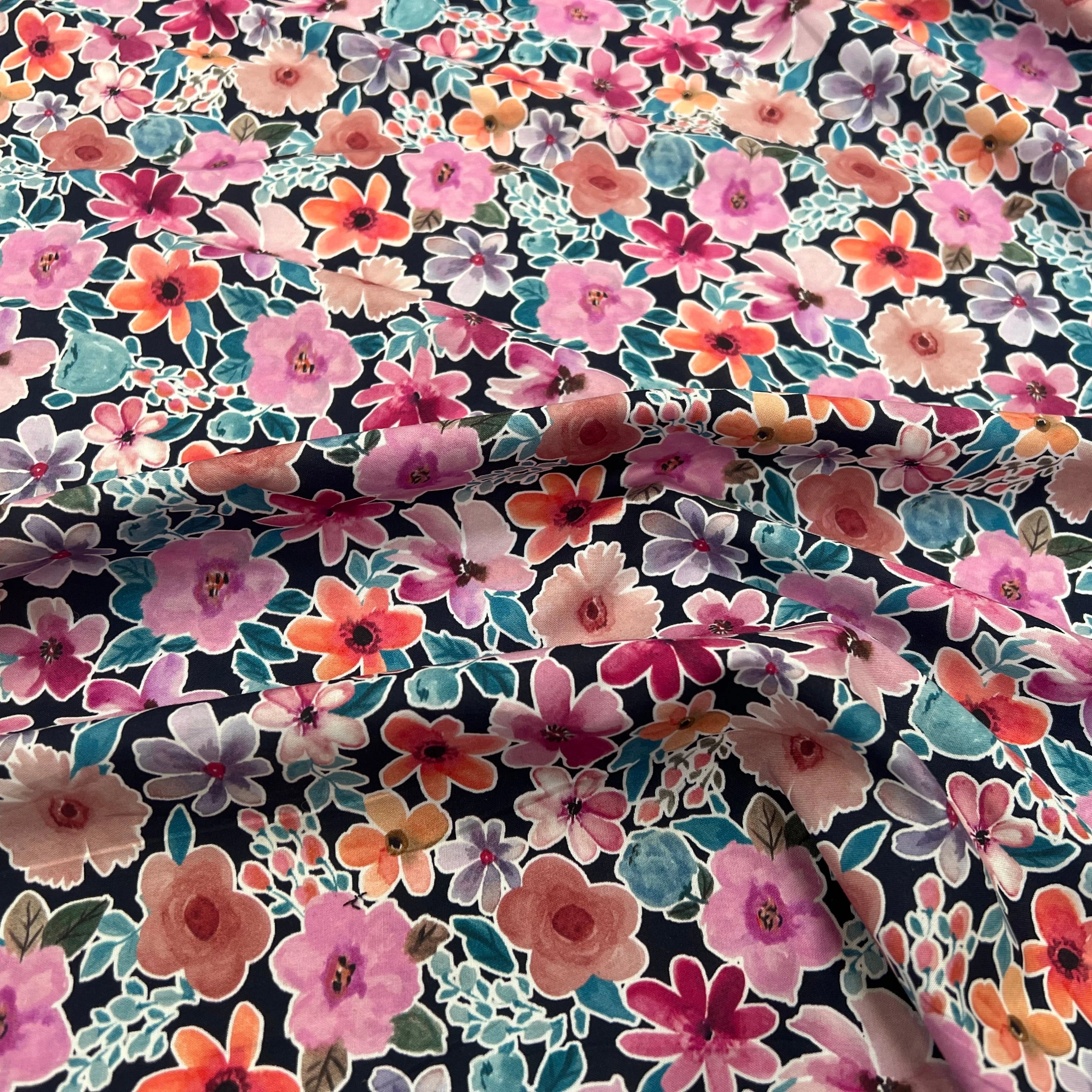 FINE POPLIN DIGITAL FLOWERS – NAVY - My Little Coupon