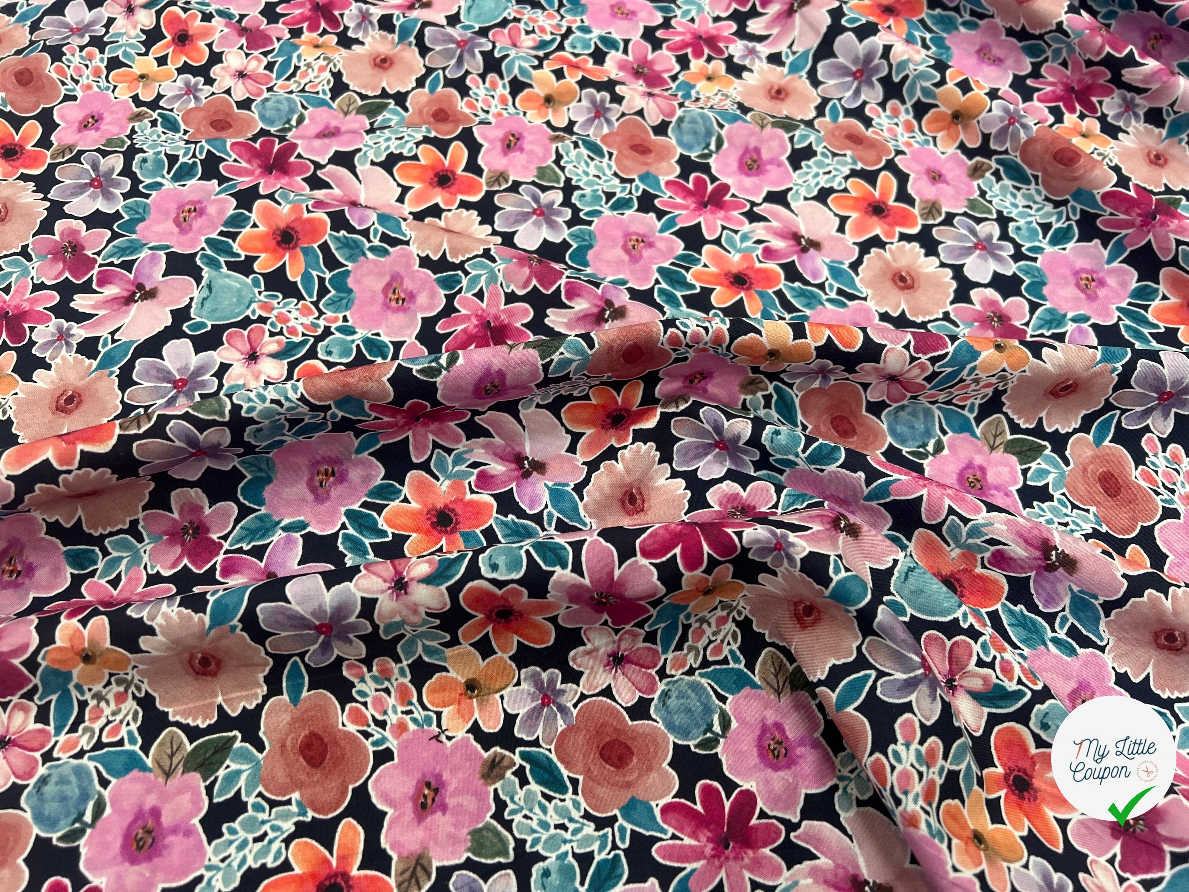FINE POPLIN DIGITAL FLOWERS – NAVY - My Little Coupon