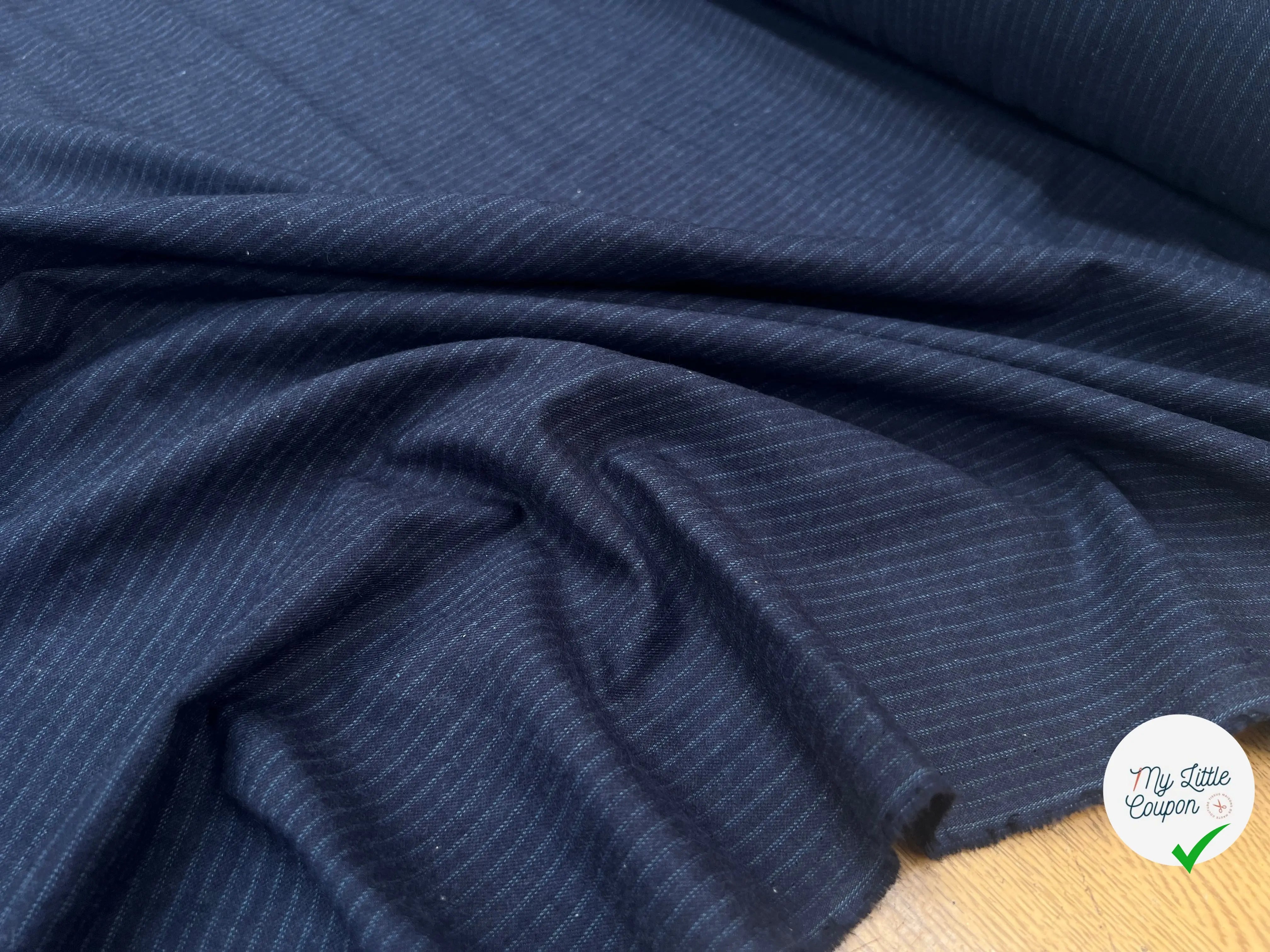 FLANELLE COTON BLEU NAVY LIGNES BLEU CIEL - My Little Coupon