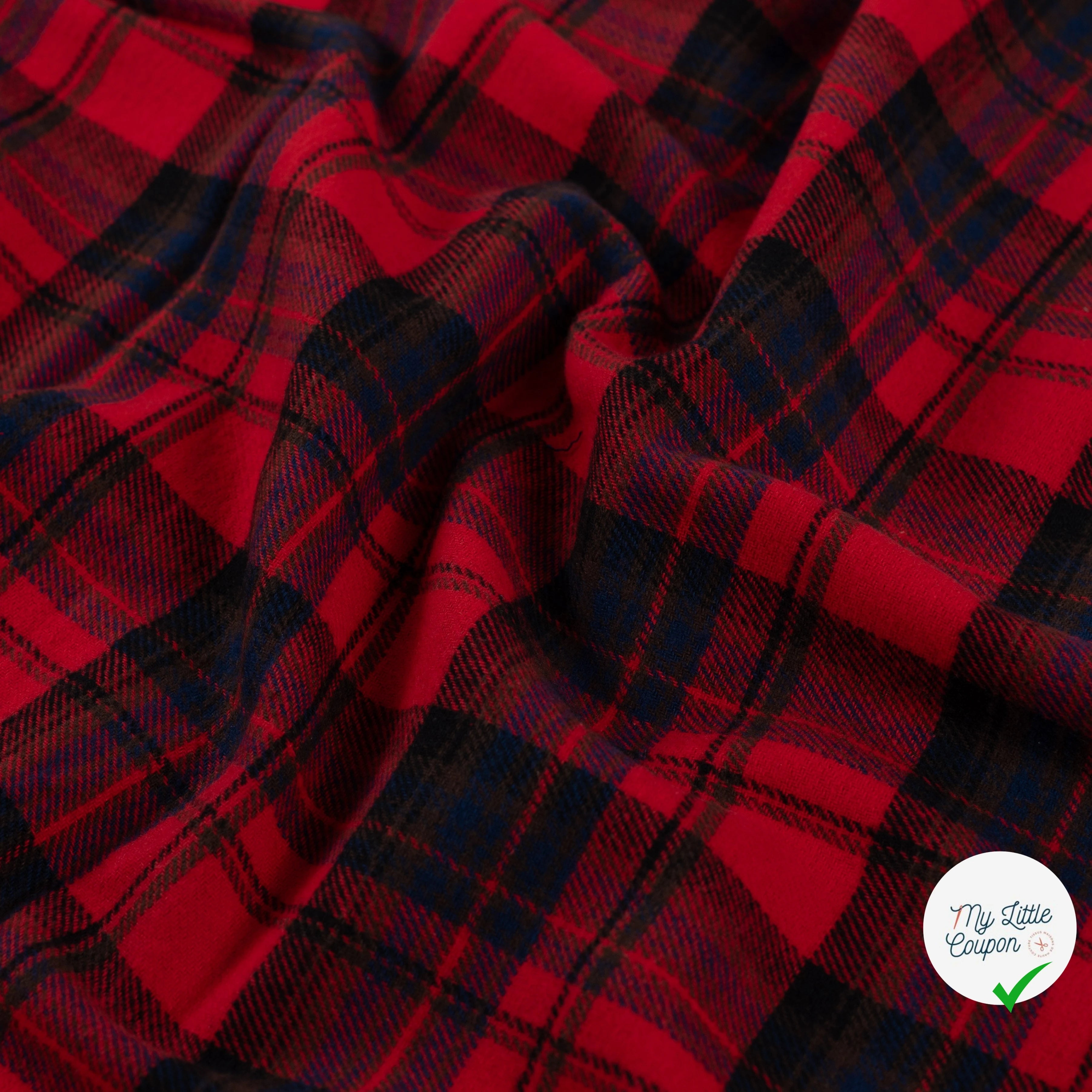 FLANELLE COTON BROSSÉE À CARREAUX FILS TEINTS ROUGE - My Little Coupon