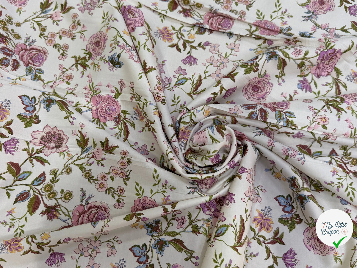 GABARDINE DE COTON FINE STRETCH ÉCRU JOLIES FLEURS ROSE VERT - My Little Coupon