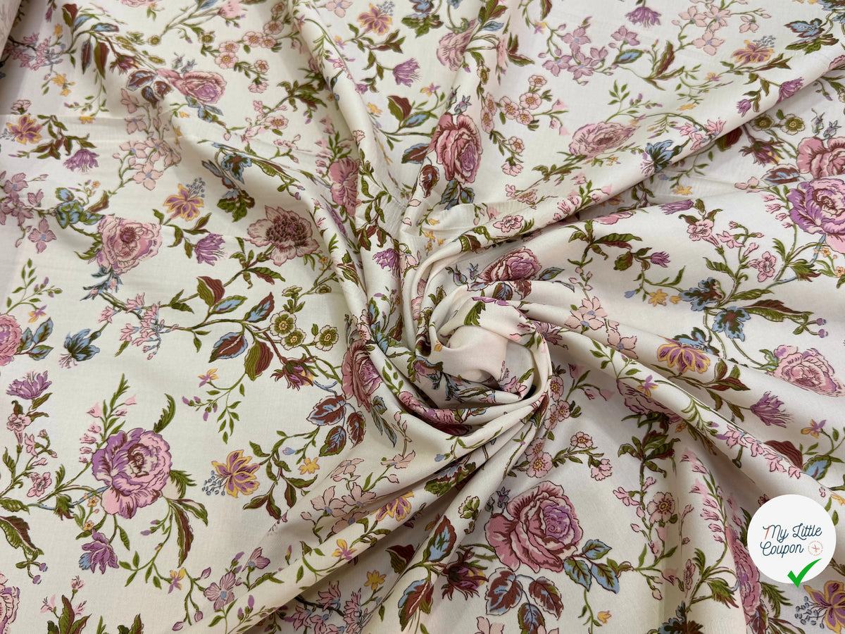 GABARDINE DE COTON FINE STRETCH ÉCRU JOLIES FLEURS ROSE VERT - My Little Coupon