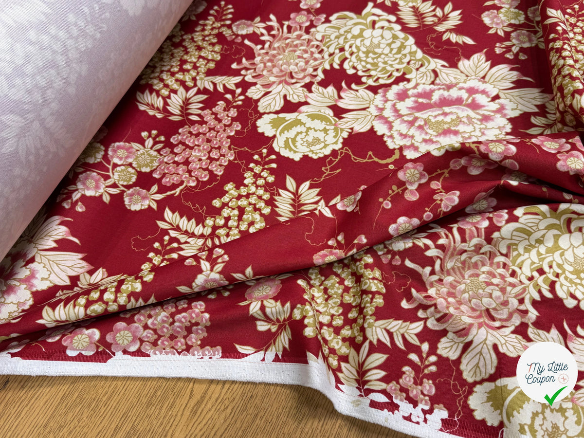 GABARDINE DE COTON STRETCH FOND ROUGE BORDEAUX FLORAL BELLE TENUE - My Little Coupon