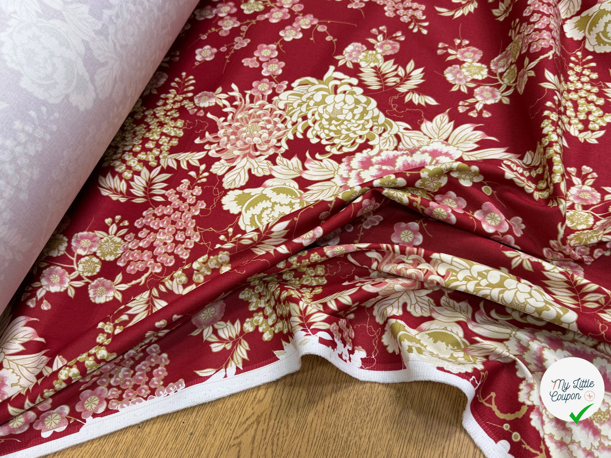 GABARDINE DE COTON STRETCH FOND ROUGE BORDEAUX FLORAL BELLE TENUE - My Little Coupon