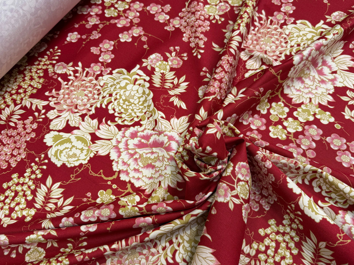 GABARDINE DE COTON STRETCH FOND ROUGE BORDEAUX FLORAL BELLE TENUE - My Little Coupon