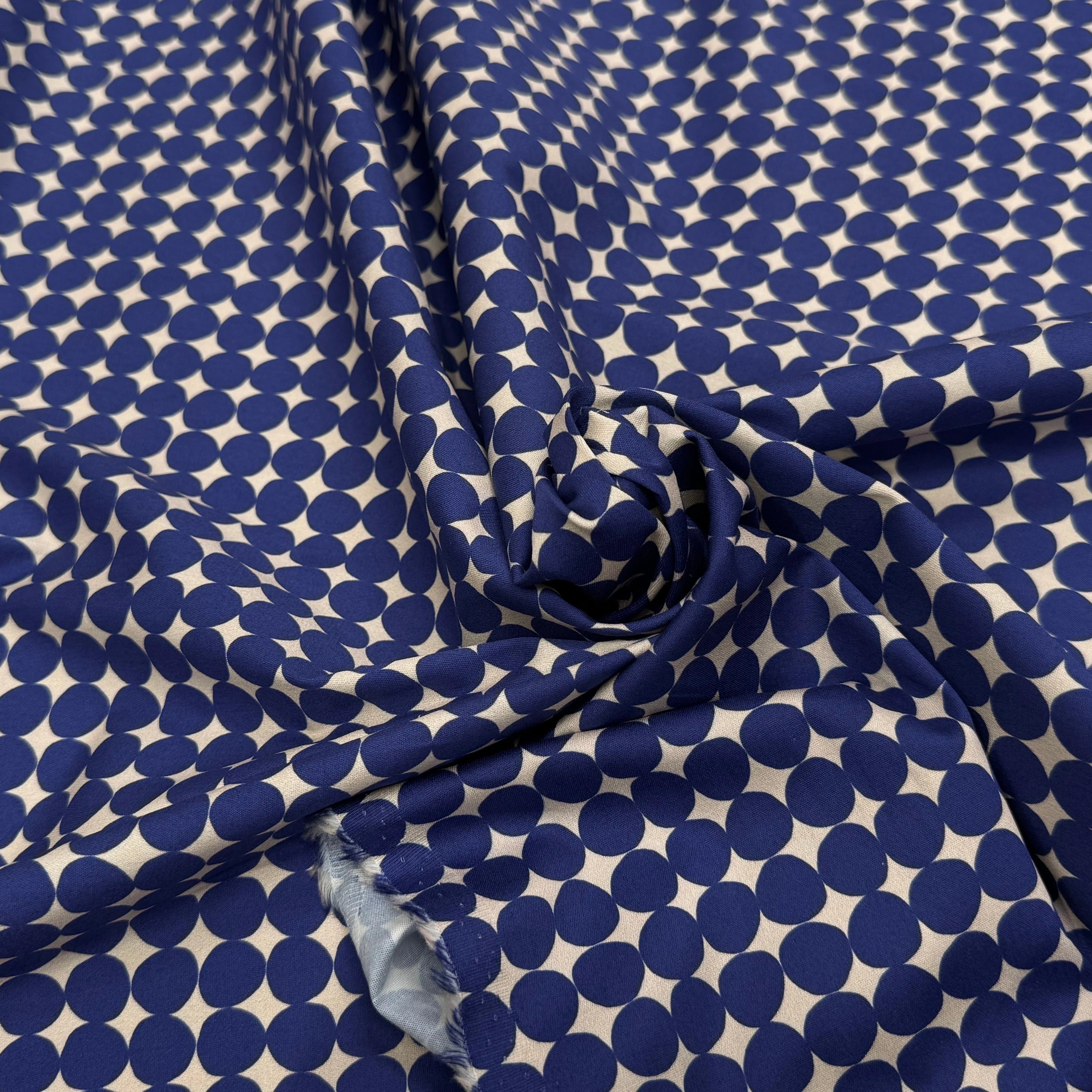 GABARDINE DE COTON STRETCH IMPRIMÉE POIS ARTEMIDE ROND BLEU - My Little Coupon