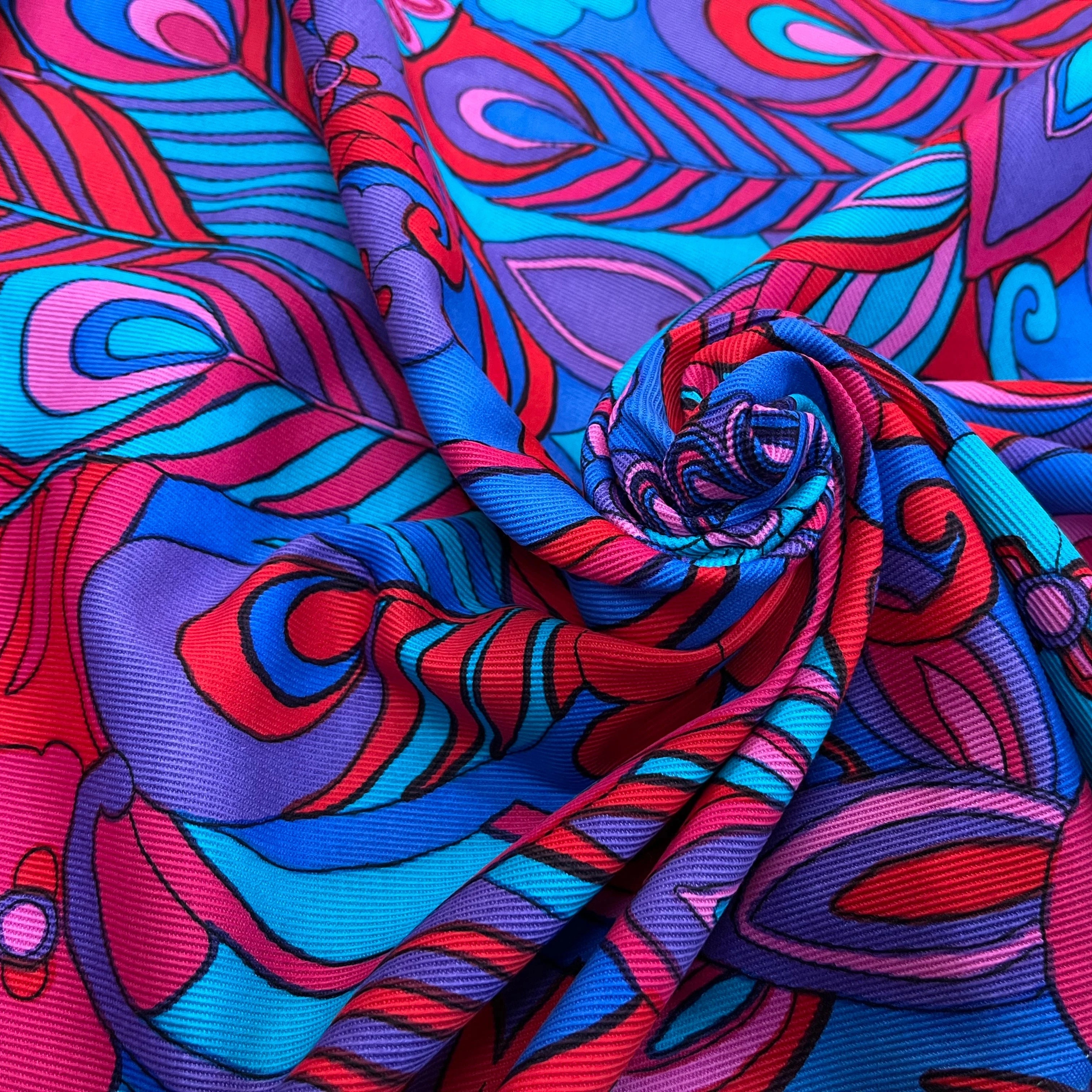 GABARDINE DE COTON STRIÉE MOTIF GROSSES FLEURS BLEU VIOLET&ROUGE 90CM - My Little Coupon