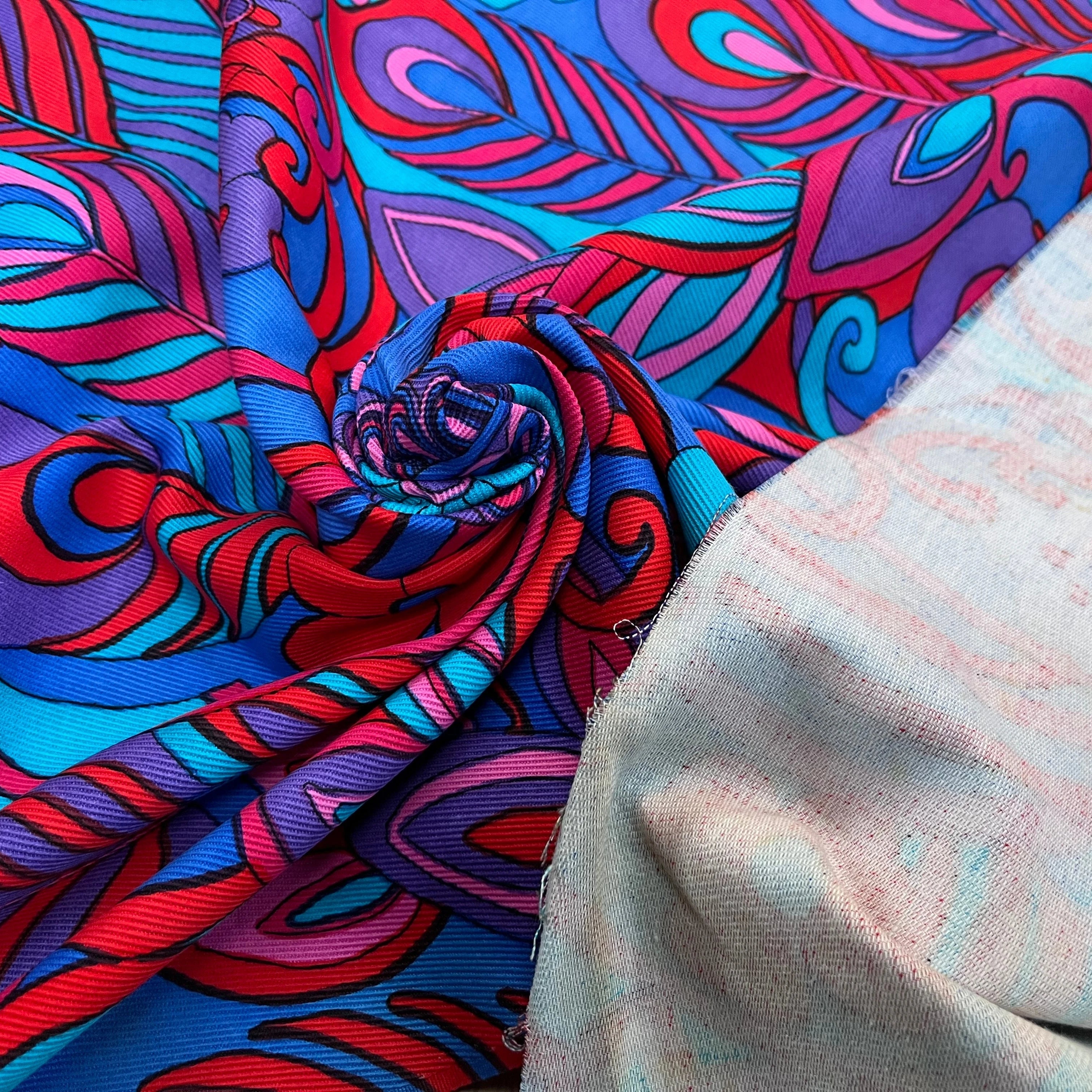 GABARDINE DE COTON STRIÉE MOTIF GROSSES FLEURS BLEU VIOLET&ROUGE 90CM - My Little Coupon