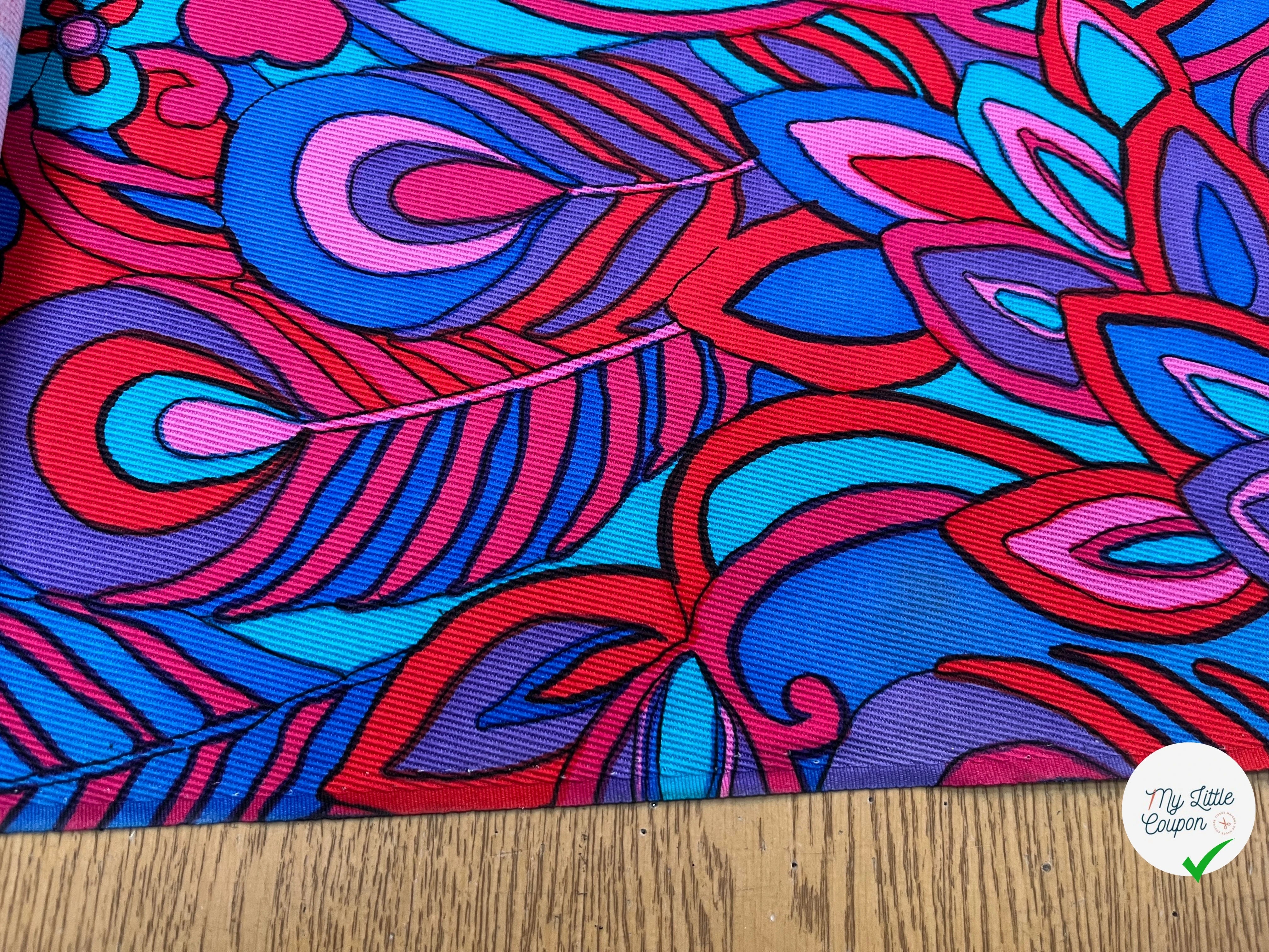 GABARDINE DE COTON STRIÉE MOTIF GROSSES FLEURS BLEU VIOLET&ROUGE 90CM - My Little Coupon
