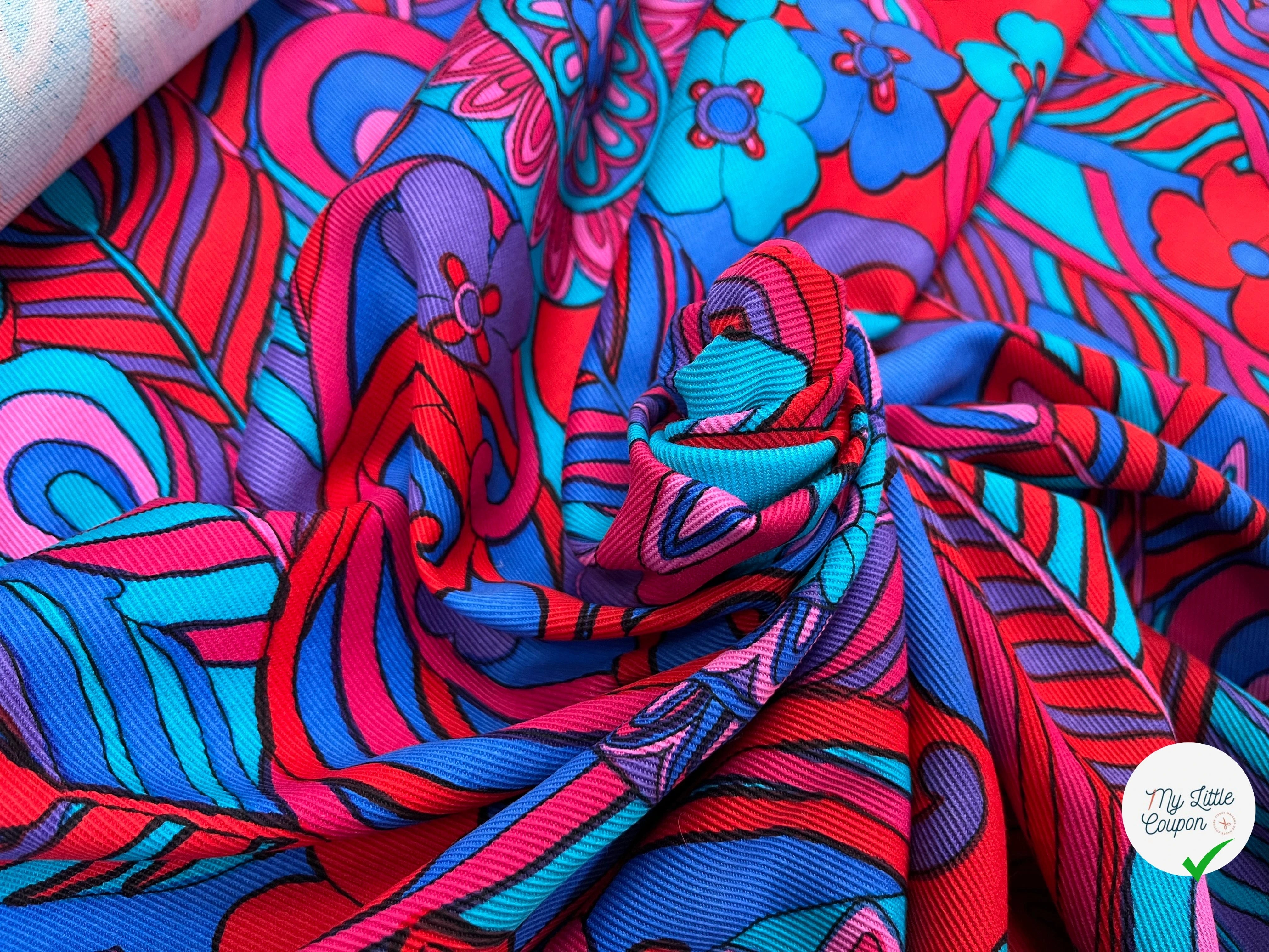 GABARDINE DE COTON STRIÉE MOTIF GROSSES FLEURS BLEU VIOLET&ROUGE 90CM - My Little Coupon