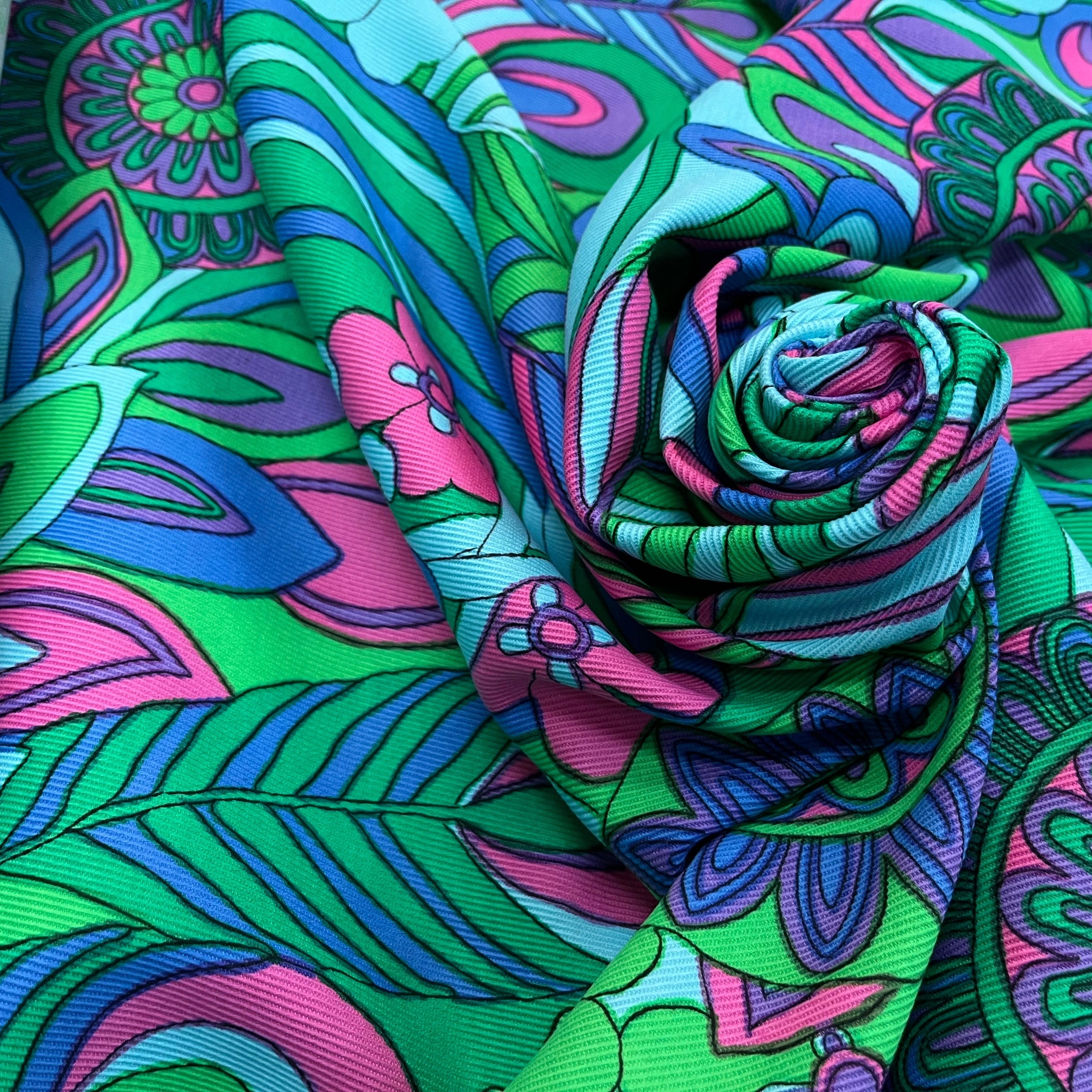 GABARDINE DE COTON STRIÉE MOTIF GROSSES FLEURS VERT BLEU ROSE 90CM - My Little Coupon