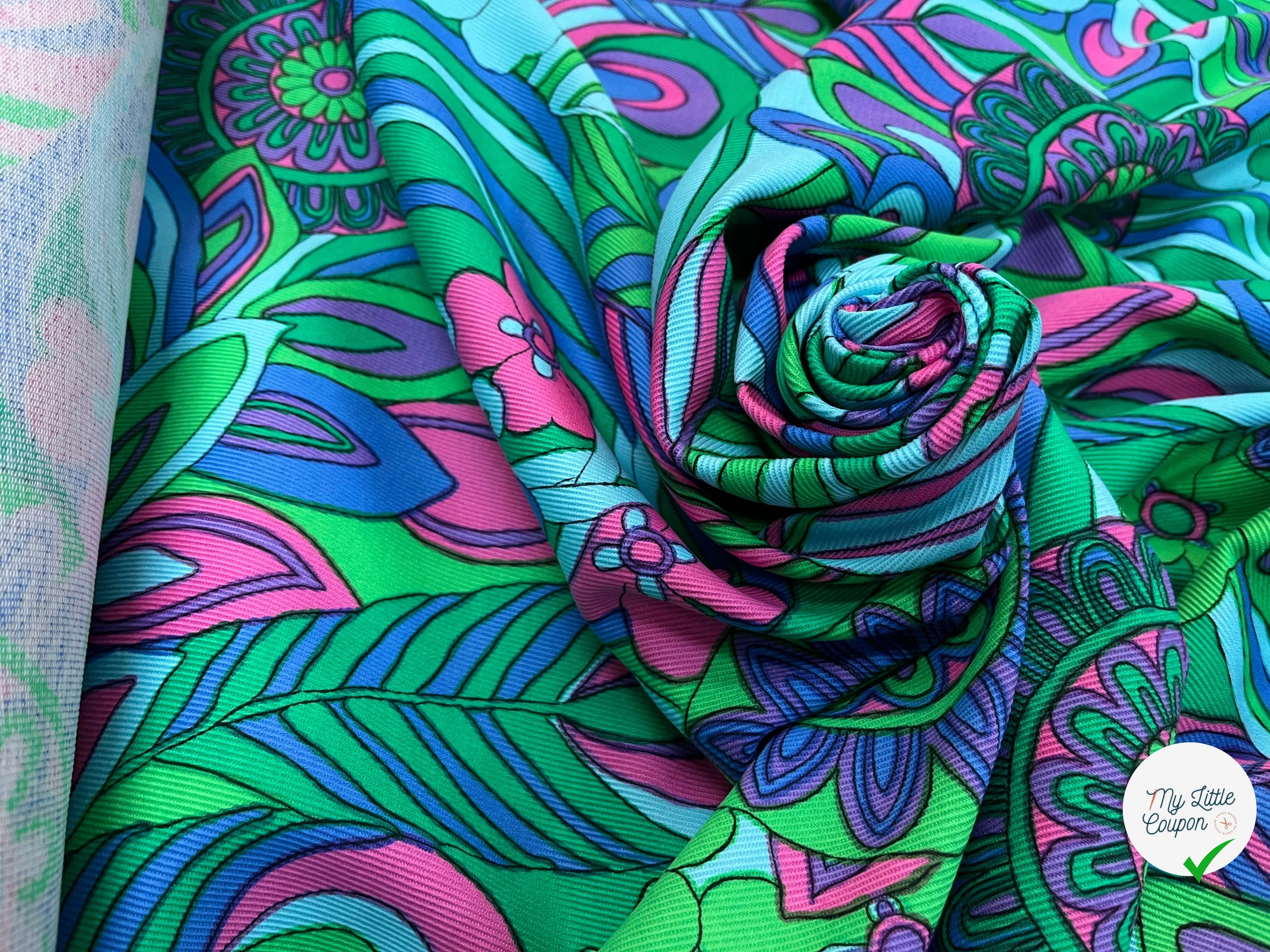 GABARDINE DE COTON STRIÉE MOTIF GROSSES FLEURS VERT BLEU ROSE 90CM - My Little Coupon