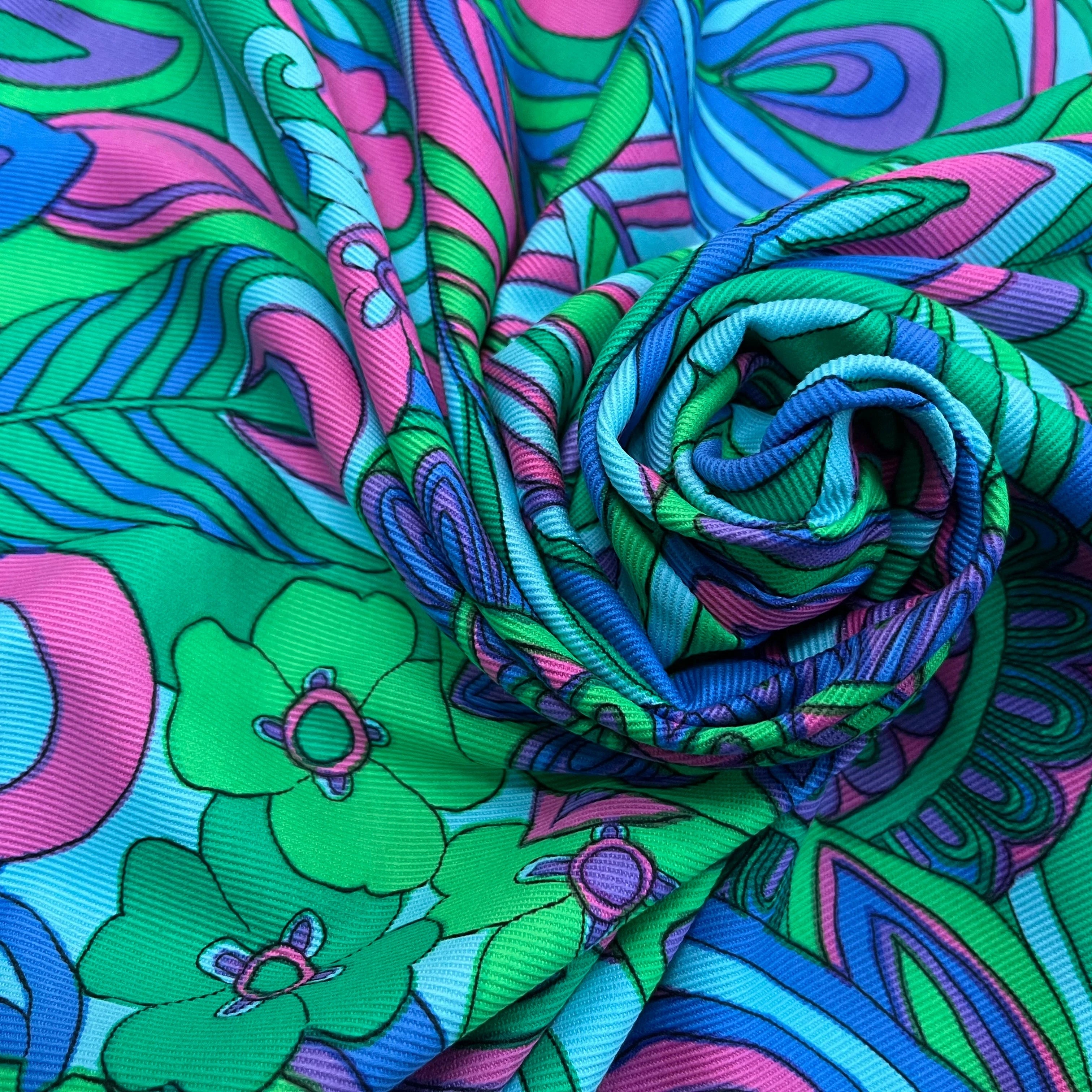 GABARDINE DE COTON STRIÉE MOTIF GROSSES FLEURS VERT BLEU ROSE 90CM - My Little Coupon