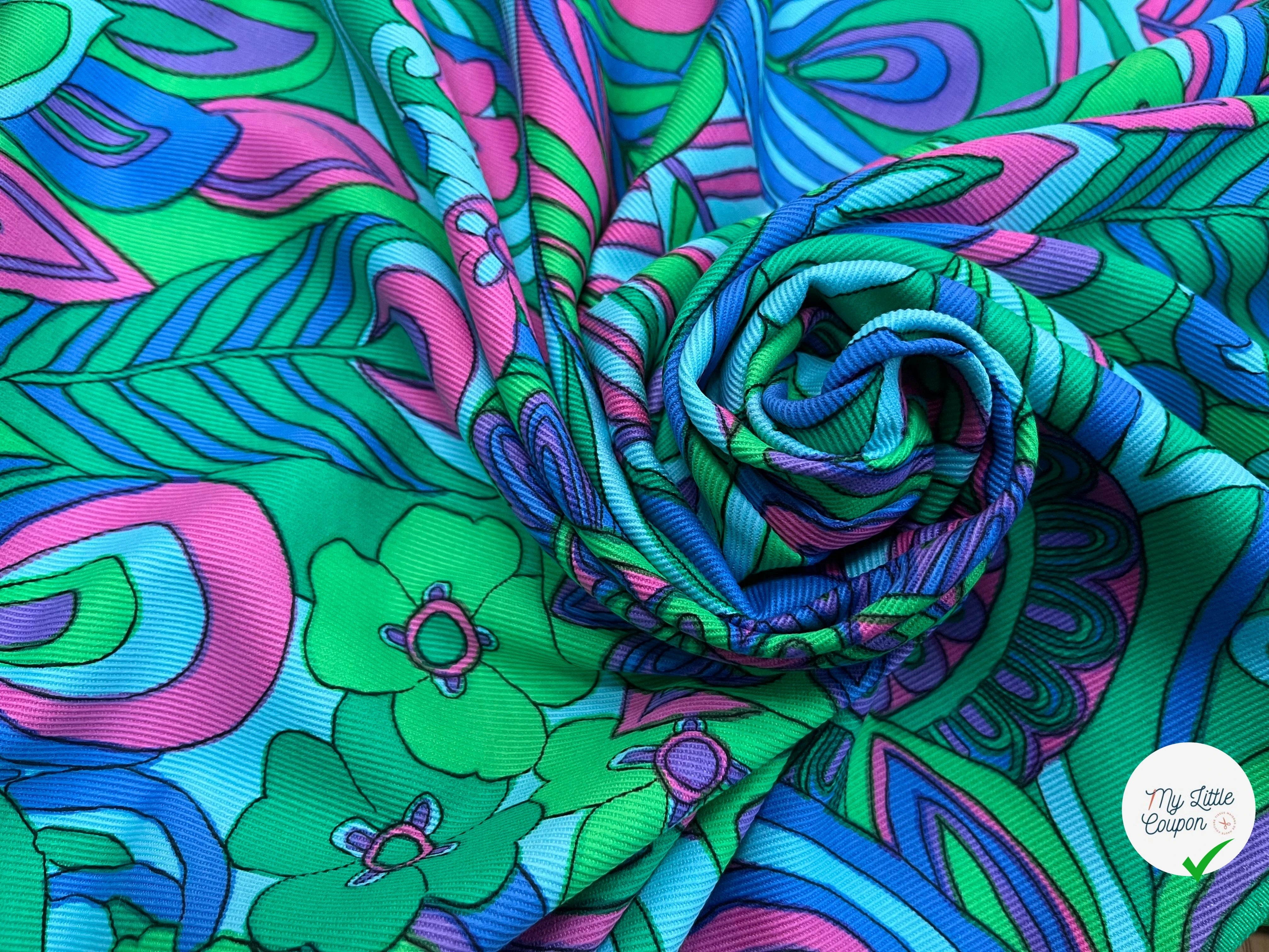 GABARDINE DE COTON STRIÉE MOTIF GROSSES FLEURS VERT BLEU ROSE 90CM - My Little Coupon