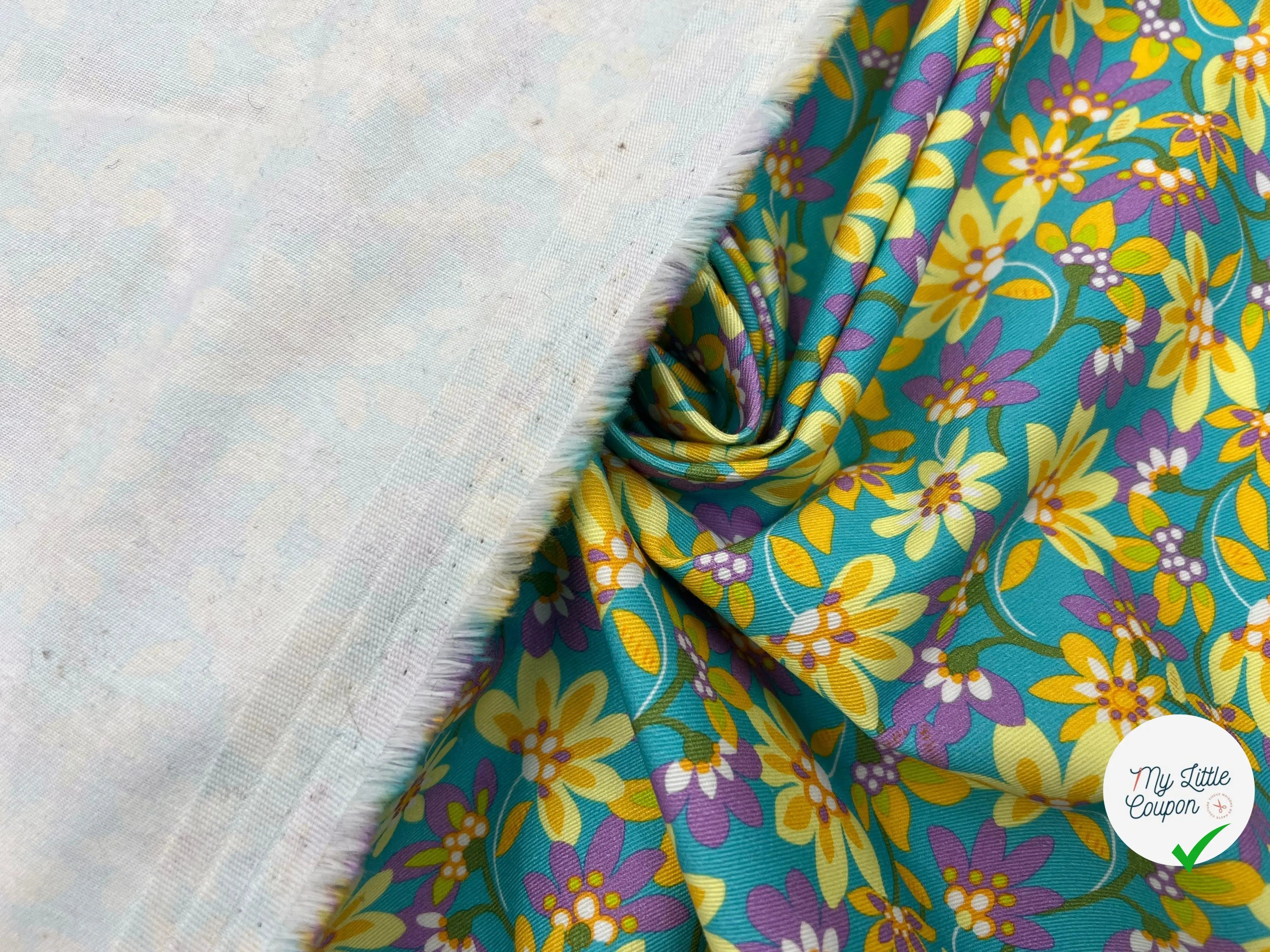 GABARDINE FINE DE COTON IMPRIMÉ FLEURS DE TURQUOISE - My Little Coupon - tissu - coudre