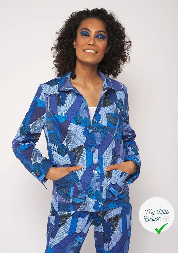 GABARDINE FINE DE COTON STRETCH IMPRIMÉ ABSTRAIT GÉOMÉTRIQUE BLEU - My Little Coupon