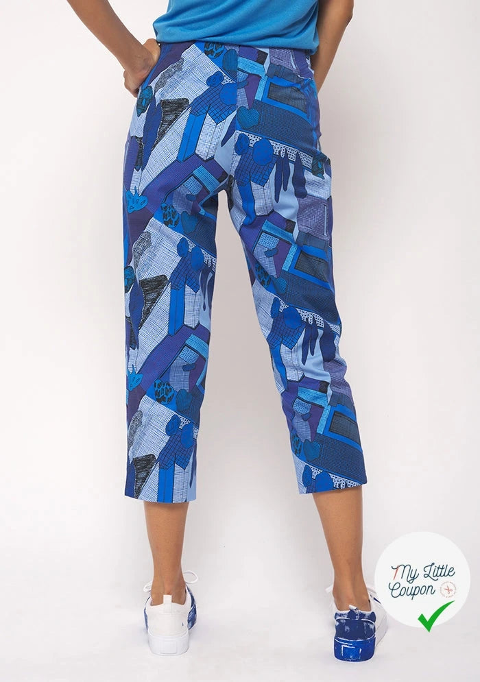 GABARDINE FINE DE COTON STRETCH IMPRIMÉ ABSTRAIT GÉOMÉTRIQUE BLEU - My Little Coupon
