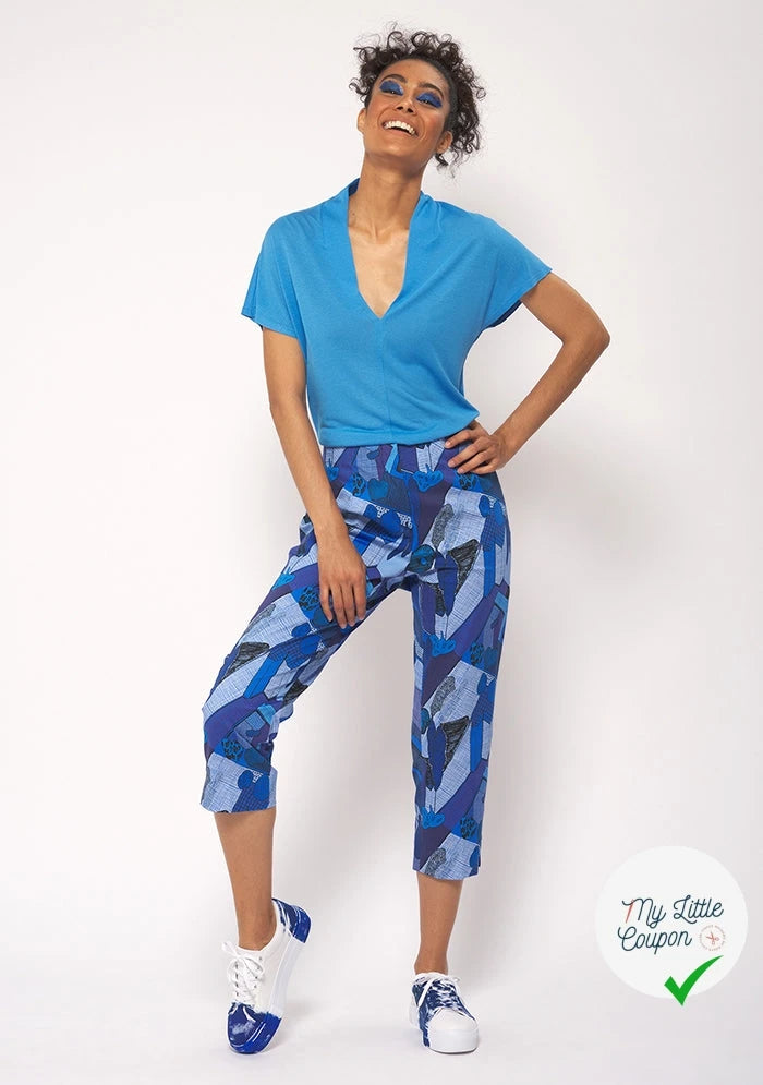 GABARDINE FINE DE COTON STRETCH IMPRIMÉ ABSTRAIT GÉOMÉTRIQUE BLEU - My Little Coupon