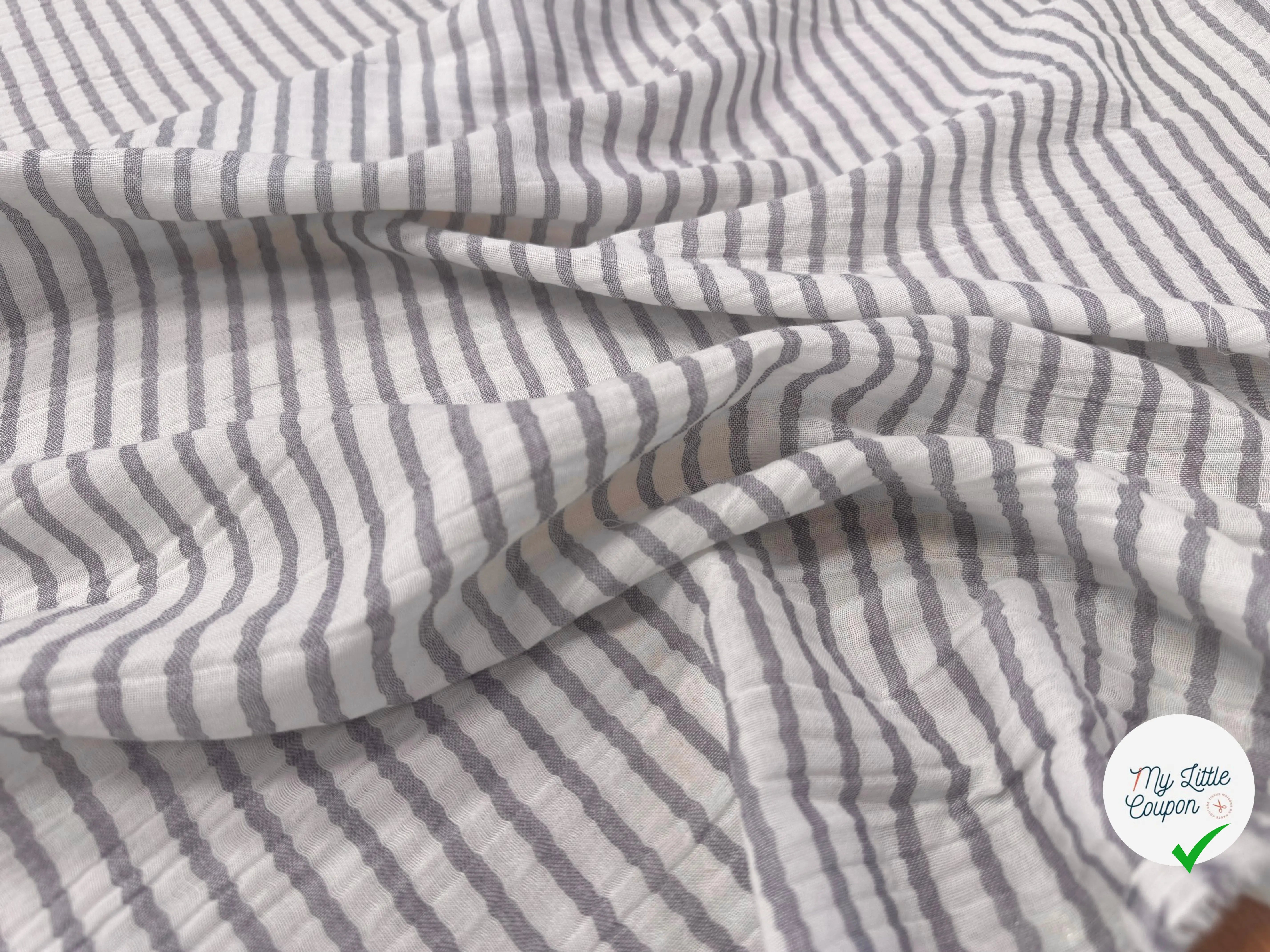 GAZE DE COTON JAPAN RAYURES GRIS BLEU FOND BLANC - My Little Coupon