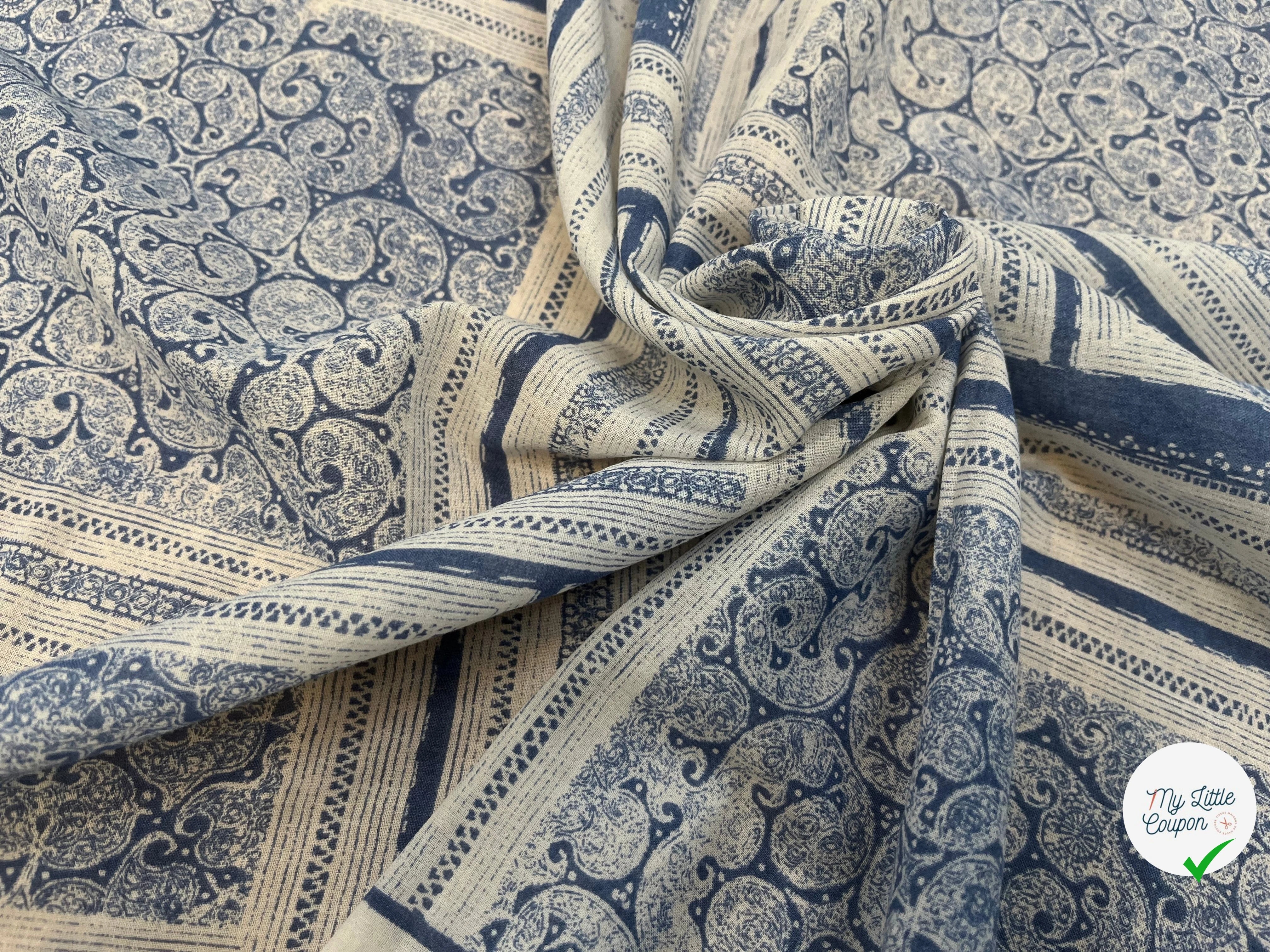 GAZE DE COTON MOTIF GÉOMETRIQUE ÉCRU BLEU CIEL - My Little Coupon