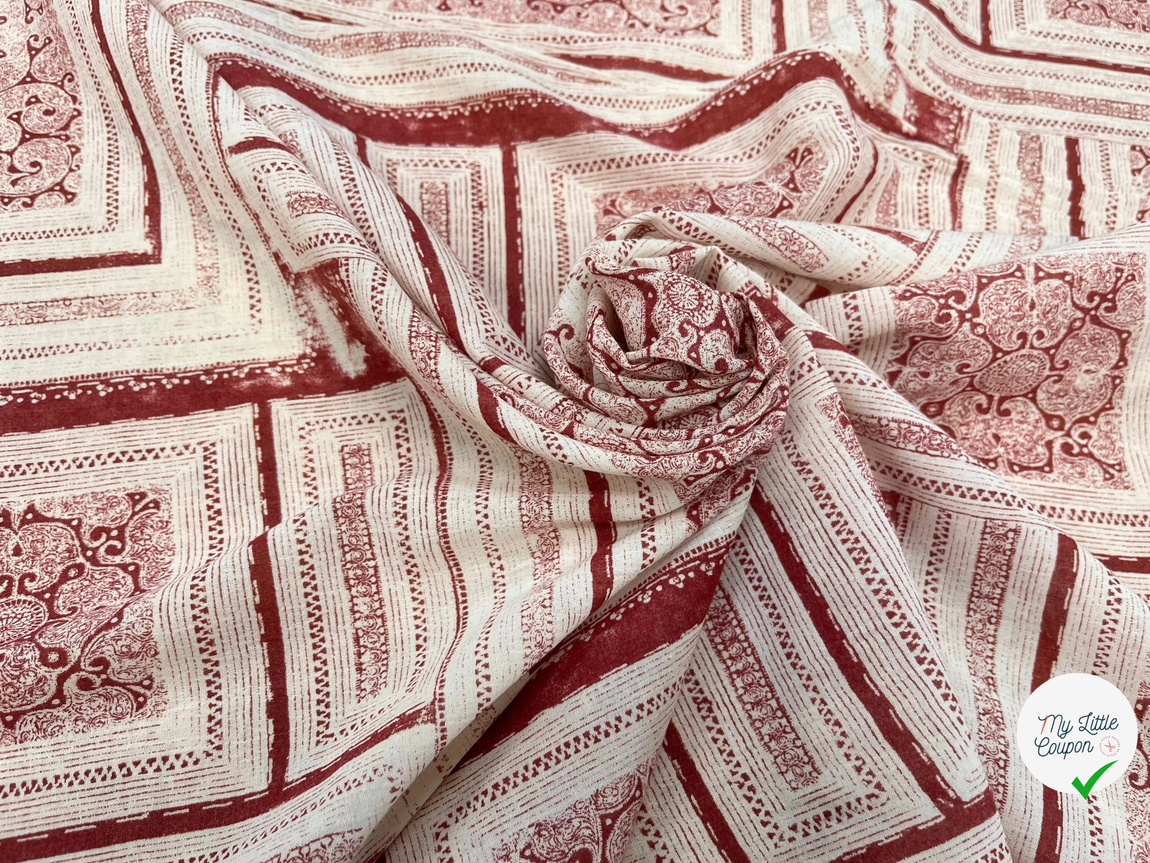 GAZE DE COTON MOTIF GÉOMETRIQUE ÉCRU ET MARON - My Little Coupon