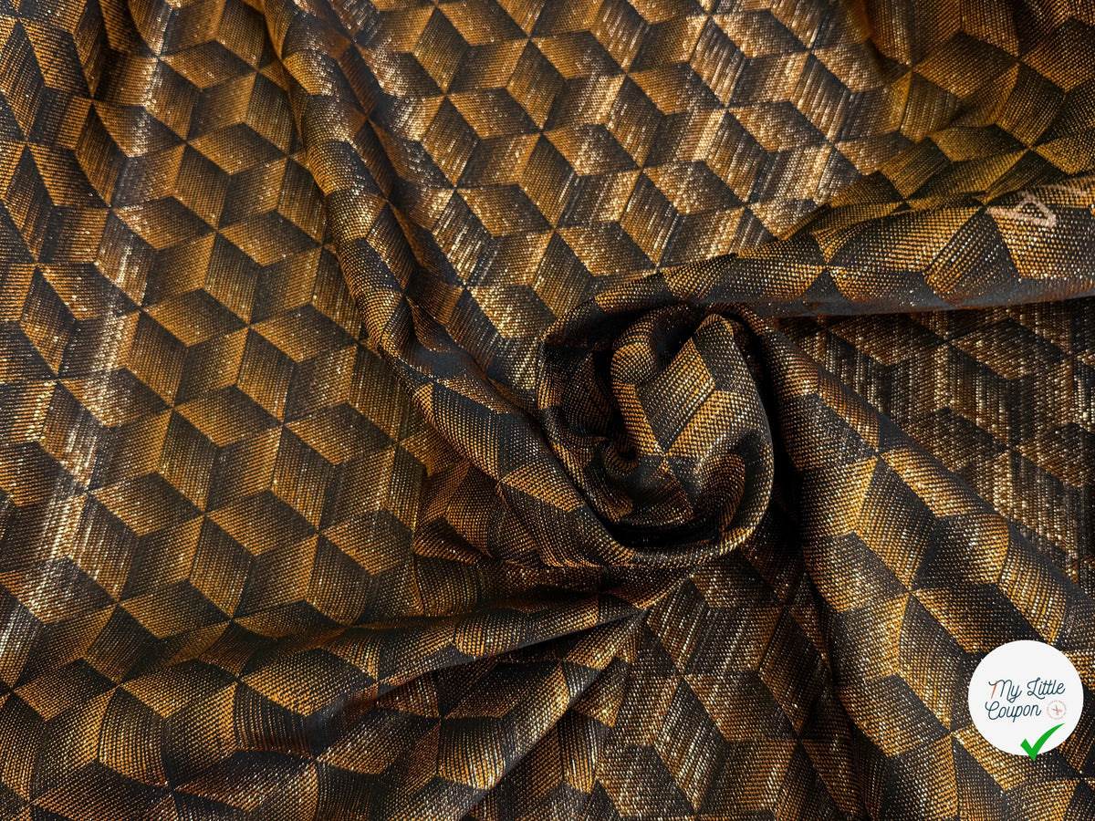 JACQUARD POLYVISCOSE MÉTALLISÉ OR BRILLANT MOTIFS GÉOMÉTRIQUES FOND CARAMEL - My Little Coupon