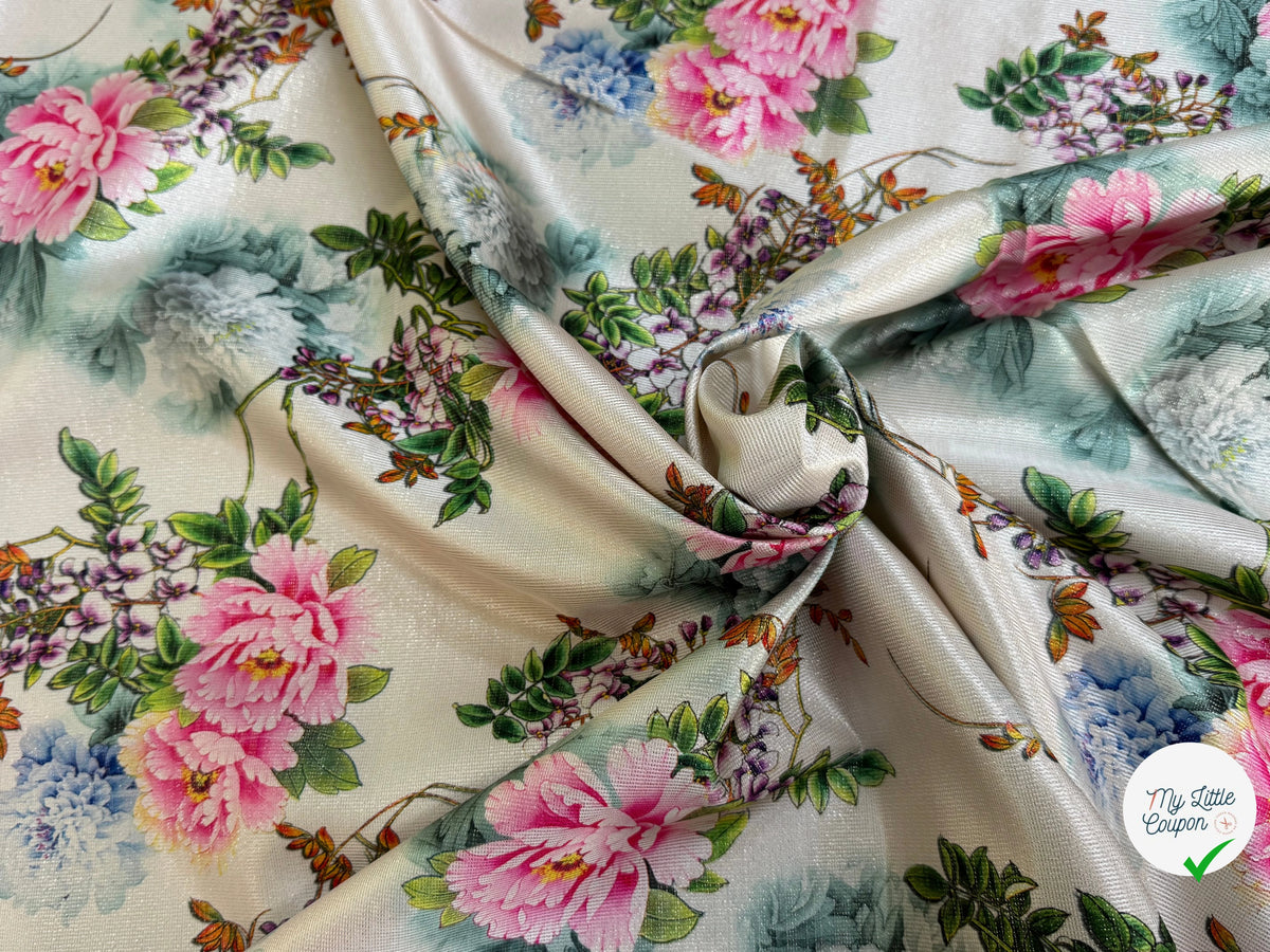 JACQUARD SATINÉ MOTIFS FLORAUX MULTICOLORE VERT ET ROSE FOND ÉCRU - My Little Coupon