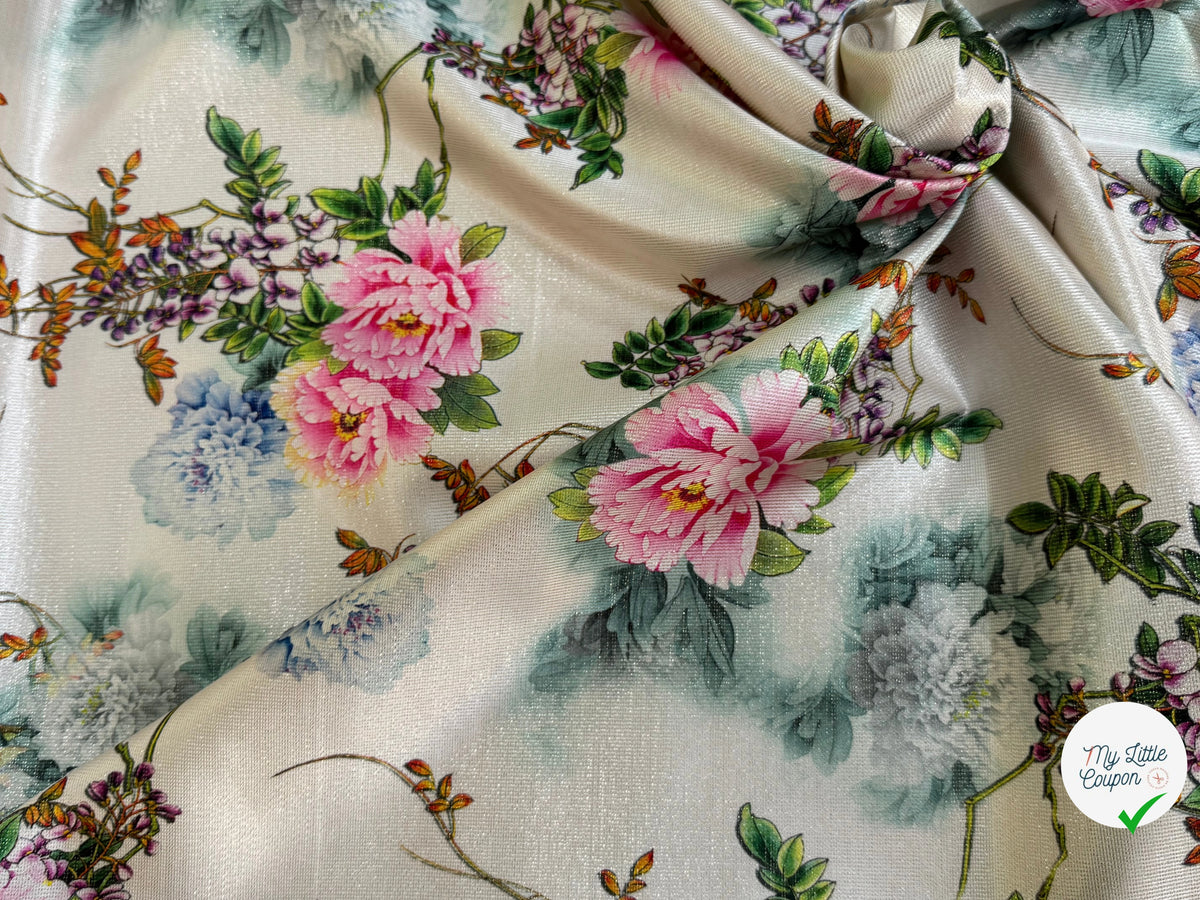 JACQUARD SATINÉ MOTIFS FLORAUX MULTICOLORE VERT ET ROSE FOND ÉCRU - My Little Coupon