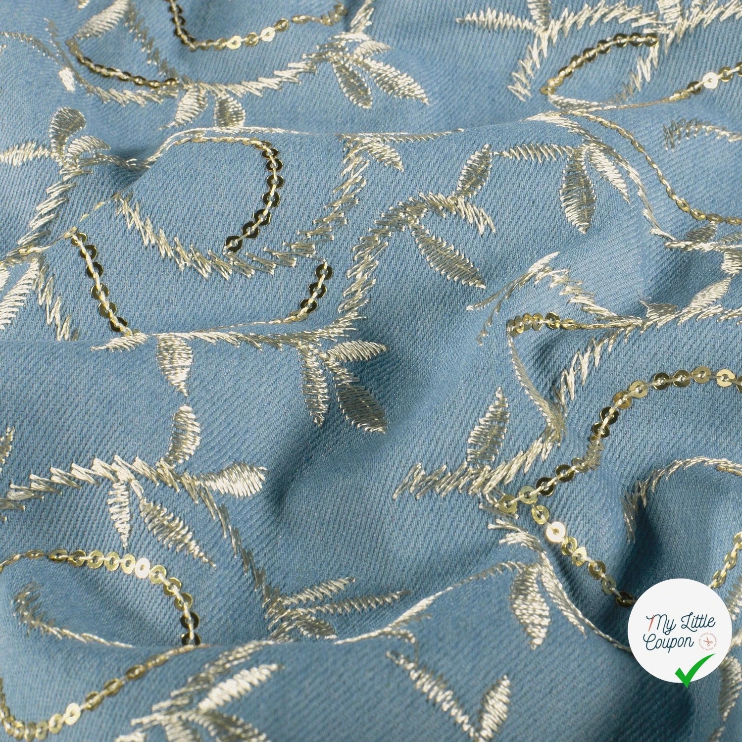 JEAN BRODÉ FEUILLES BLEU CLAIR - My Little Coupon