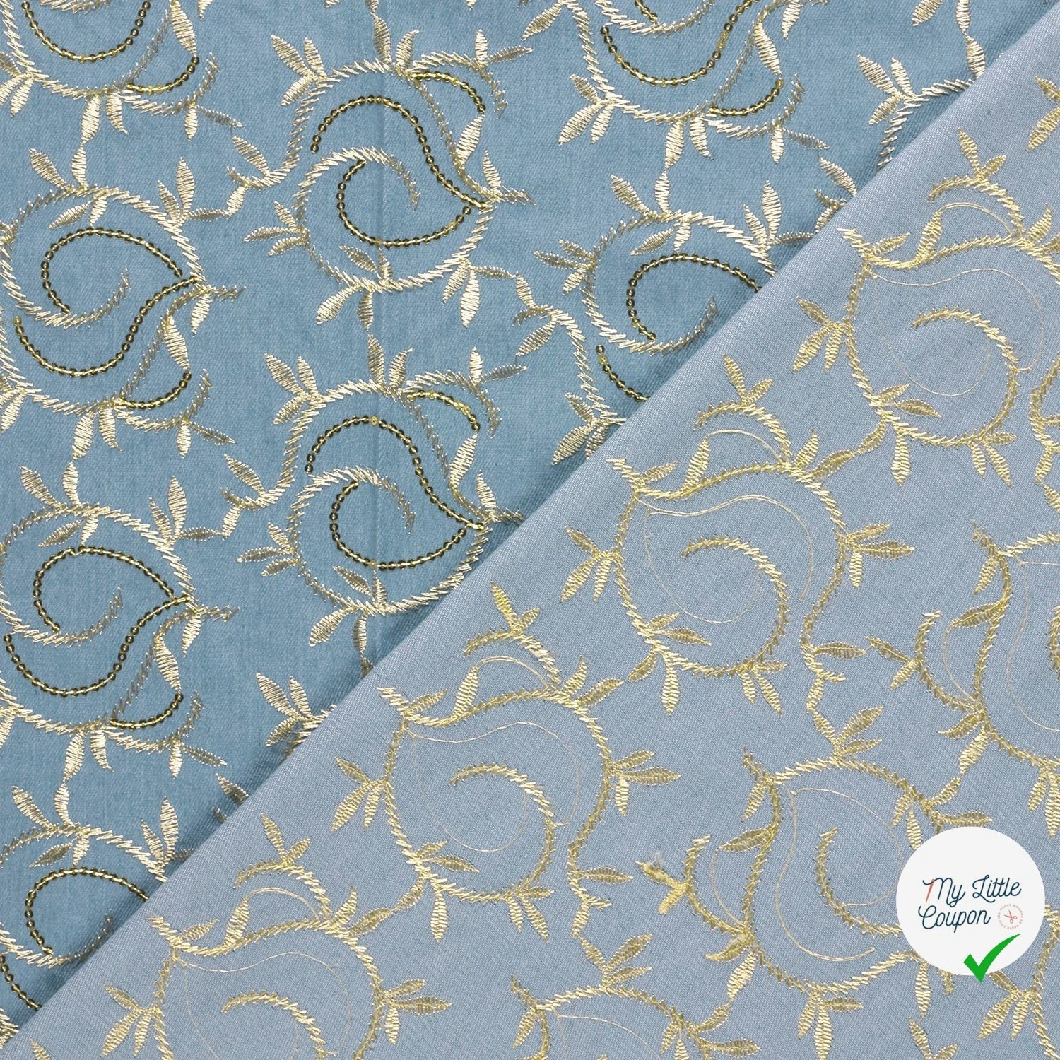 JEAN BRODÉ FEUILLES BLEU CLAIR 70% COTON - My Little Coupon