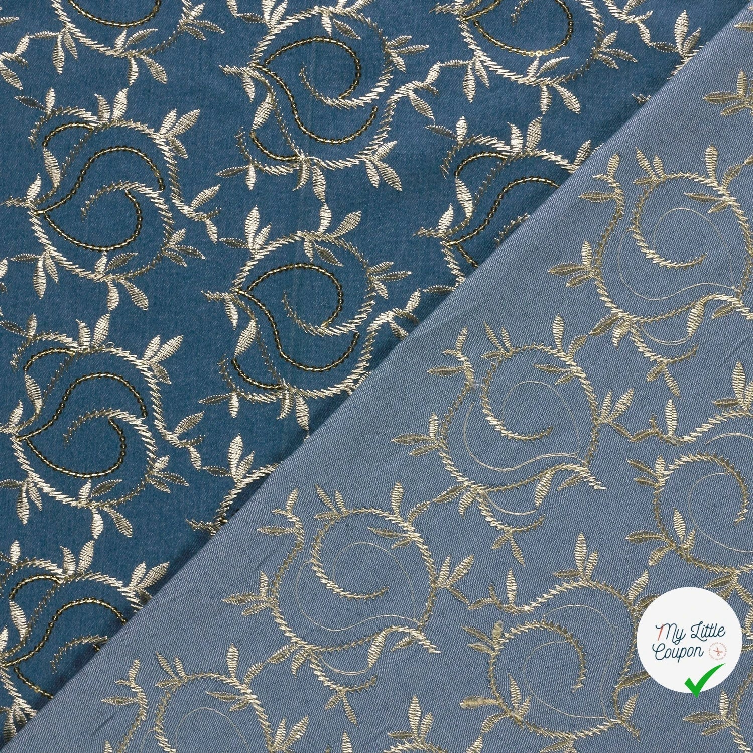 JEAN BRODÉ FEUILLES INDIGO 70% COTON - My Little Coupon