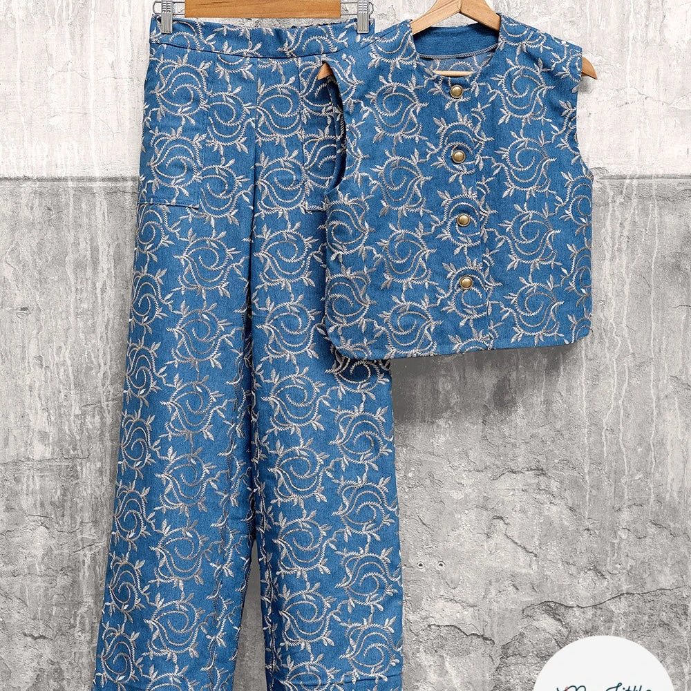 JEAN BRODÉ FEUILLES INDIGO 70% COTON - My Little Coupon