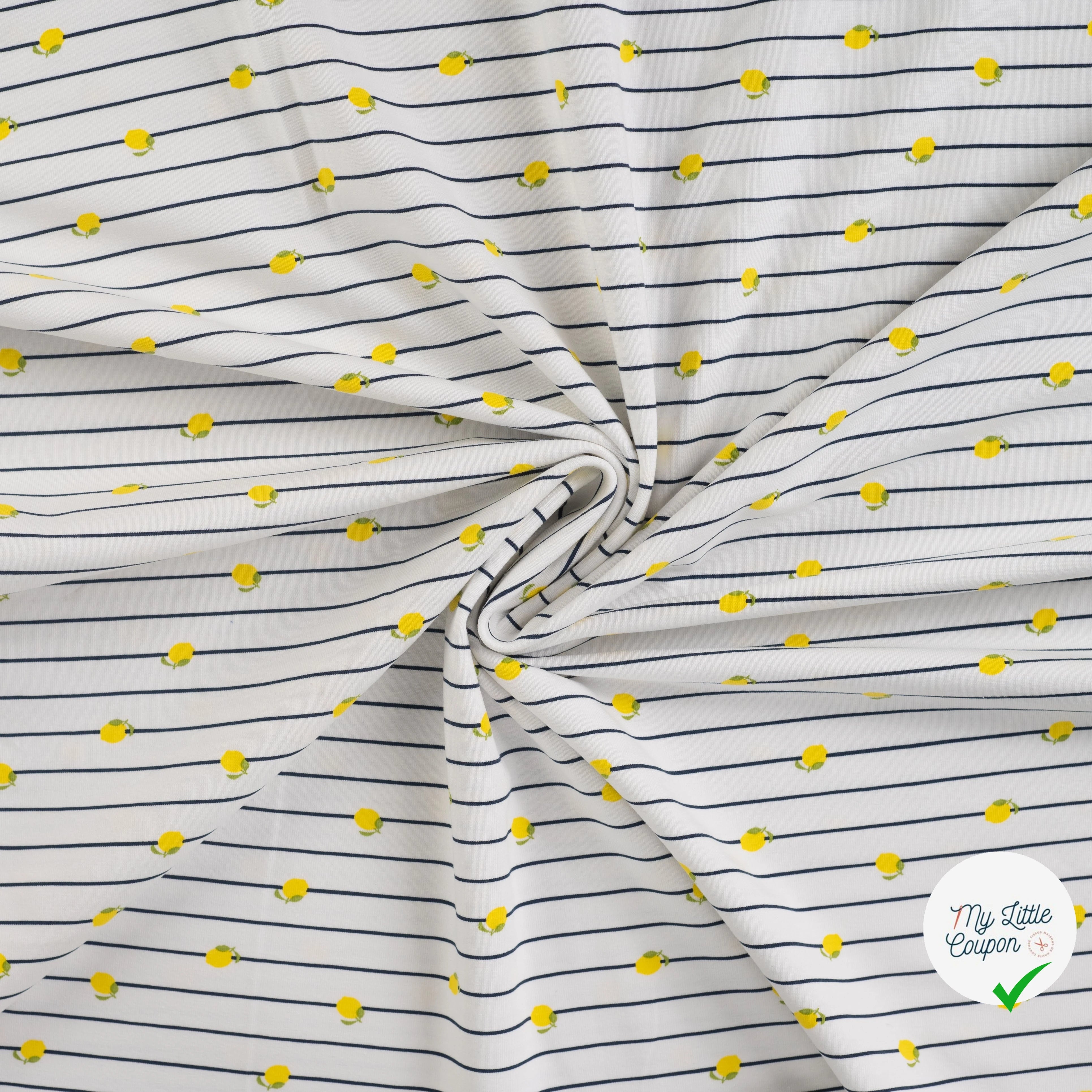 JERSEY COTON 5% ELASTHANNE MOTIFS CITRONS À RAYURES - My Little Coupon