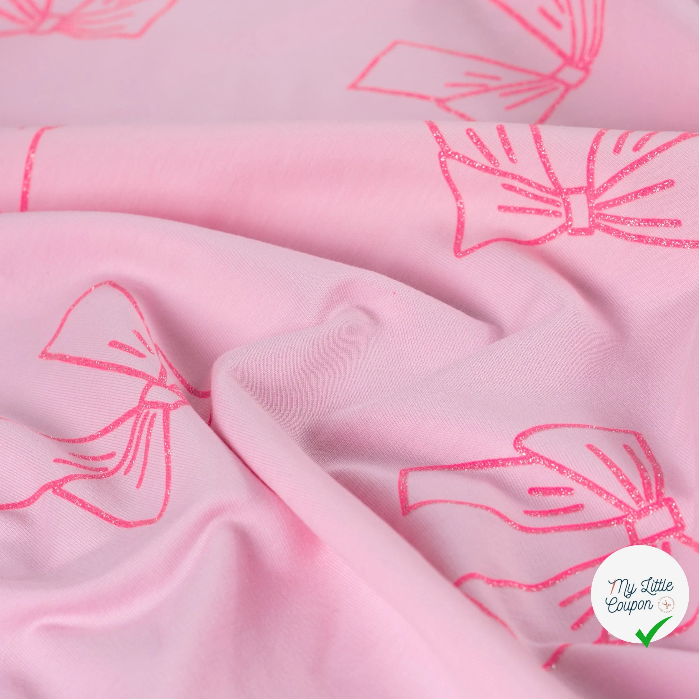 JERSEY COTON 5% ELASTHANNE MOTIFS NOEUDS ROSES FOND ROSE - My Little Coupon