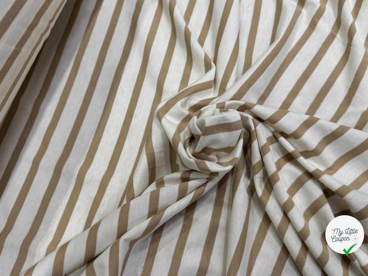 JERSEY DE COTON DOUX STRETCH RAYURES BLANC CASSÉ ET CAFÉ LATTE FABRICATION RÉGION DE TROYES 🇫🇷 - My Little Coupon