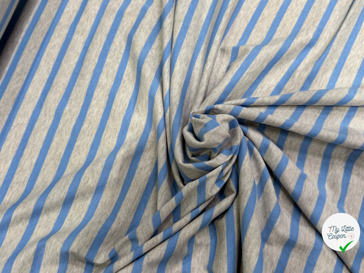 JERSEY DE COTON DOUX STRETCH RAYURES BLEU BÉBÉ ET GRIS FABRICATION RÉGION DE TROYES 🇫🇷 - My Little Coupon
