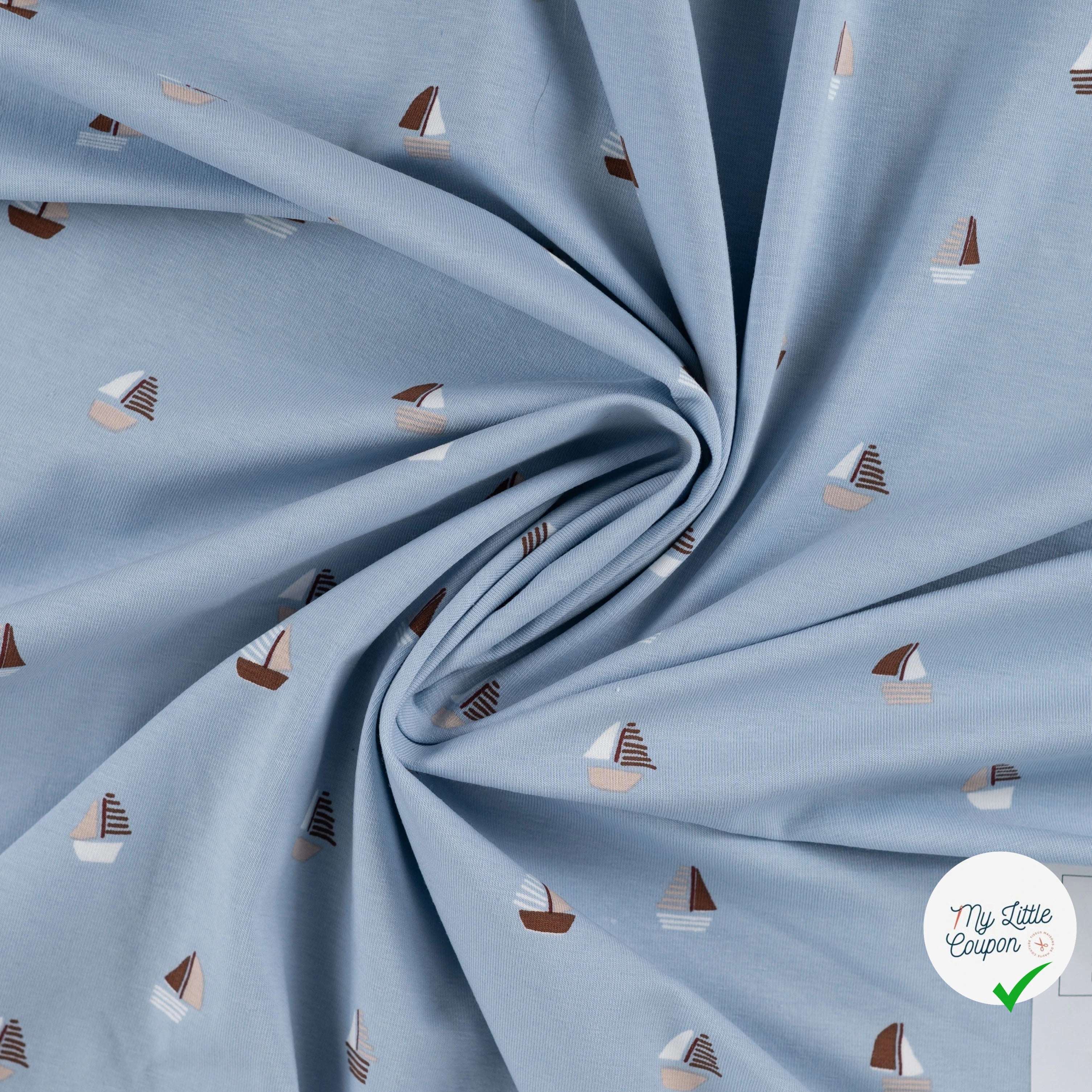 JERSEY DE COTON IMPRIMÉ BATEAUX FOND BLEU GRISÉ - My Little Coupon
