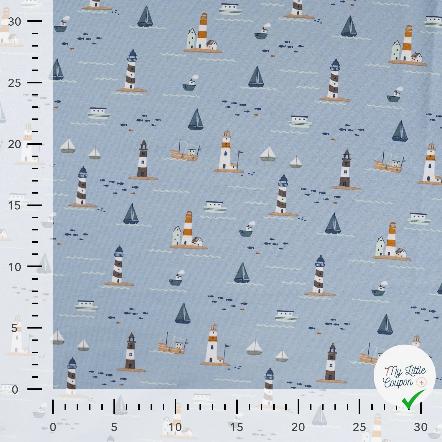 JERSEY DE COTON IMPRIMÉ BATEAUX MARINS FOND BLEU GRISÉ - My Little Coupon