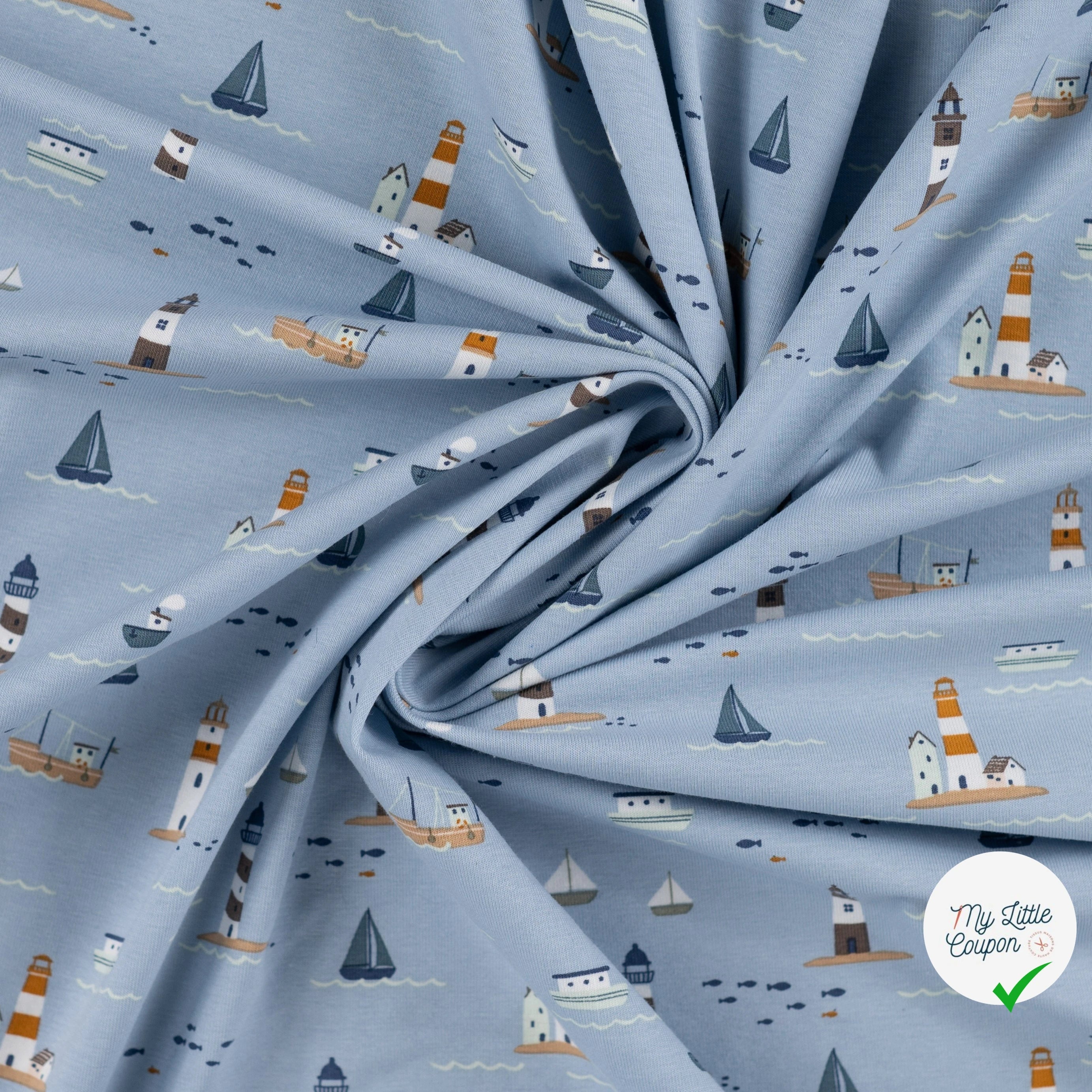 JERSEY DE COTON IMPRIMÉ BATEAUX MARINS FOND BLEU GRISÉ - My Little Coupon