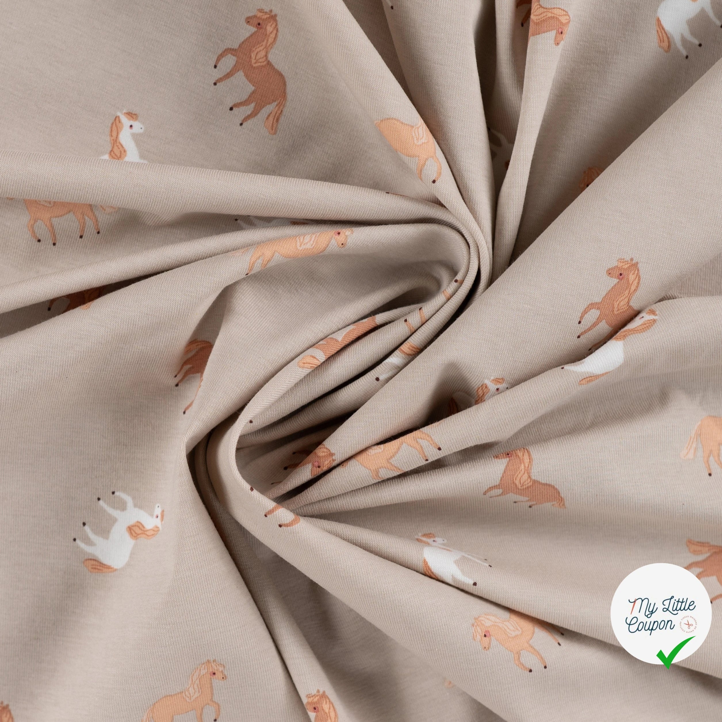 JERSEY DE COTON IMPRIMÉ CHEVAUX FOND SABLE - My Little Coupon